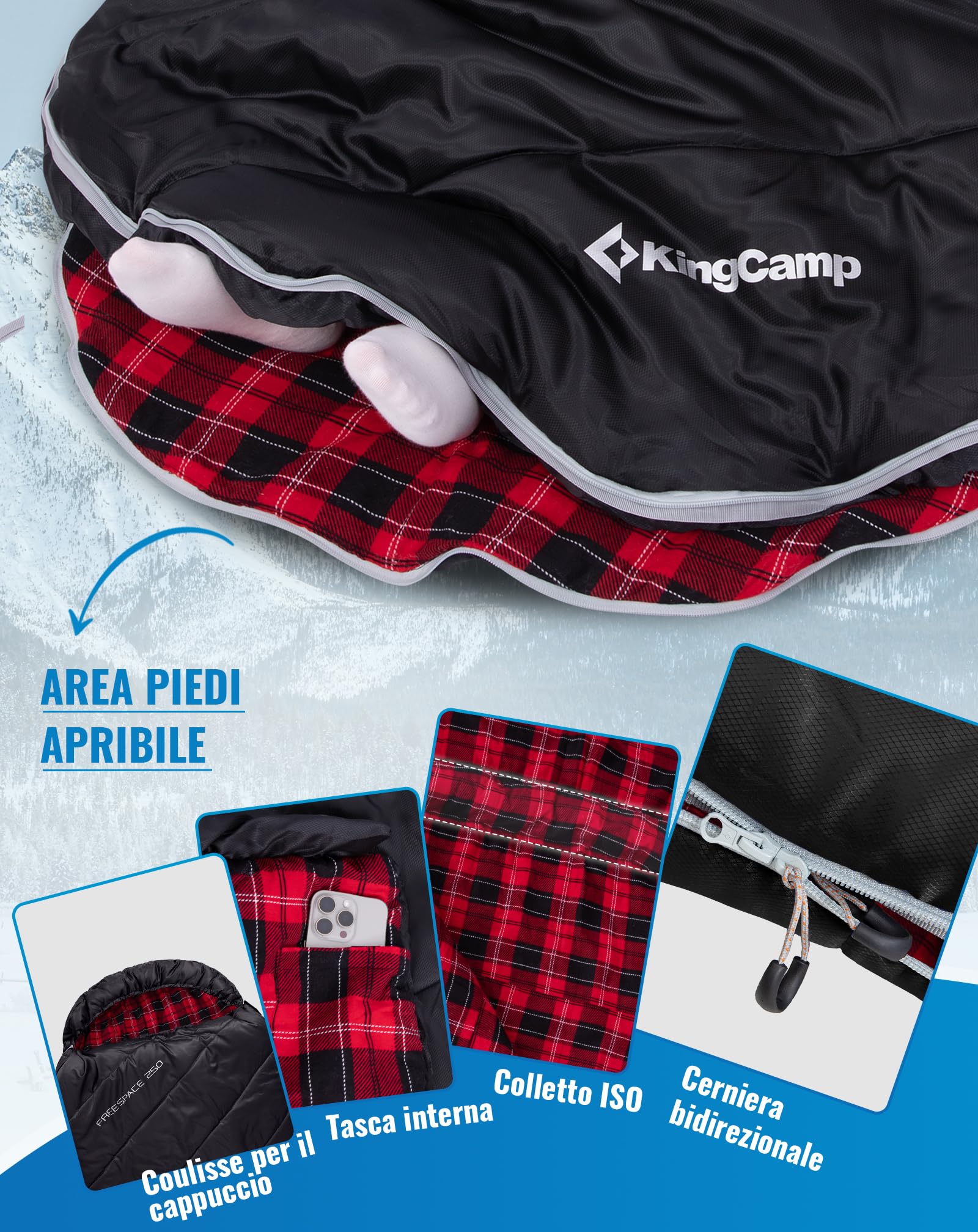 KingCamp Sacco a Pelo Invernale XXL Extra Grande in Flanella Adulti Sacco a Pelo Bambini Sacco a Pelo 4 Stagioni Sacco a Pelo Compatto Sacchi a Pelo Campeggio Rettangolare Inverno per Camping Letto