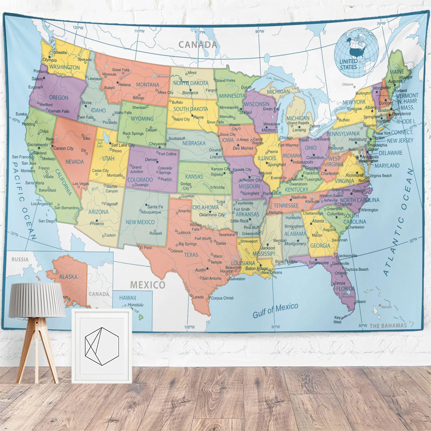 HAVENYOND American Map Tapestry Wall Decoration, United States Map US Tapestries Wall Hanging Art, Poster Banner For Dorm Bedroom Living Room Home Decor Backdrop (American Map, 70"×90")