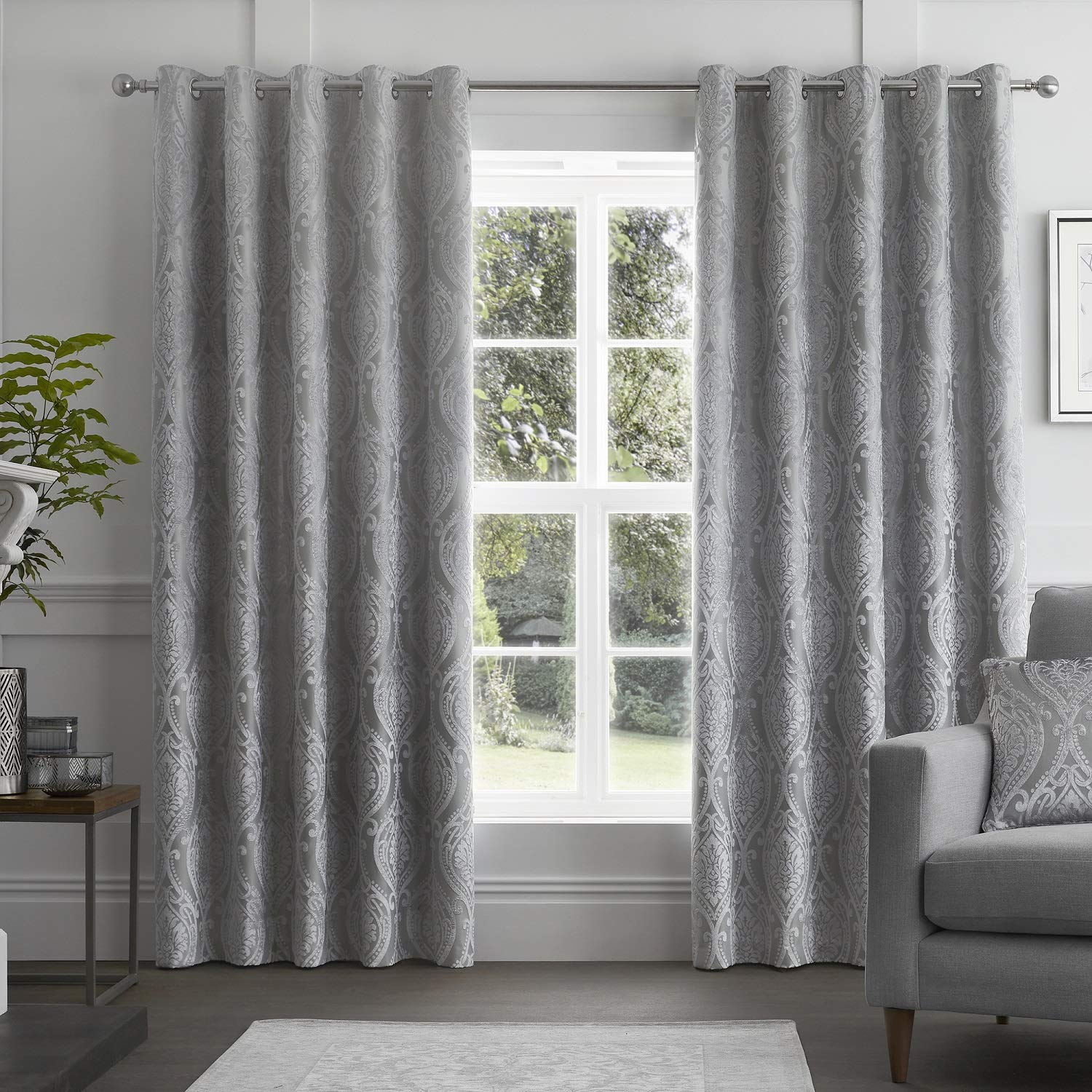 Curtina (Silver, 66 X 90 Inch) Chateau Damask Embossed Eyelet Lined Curtains