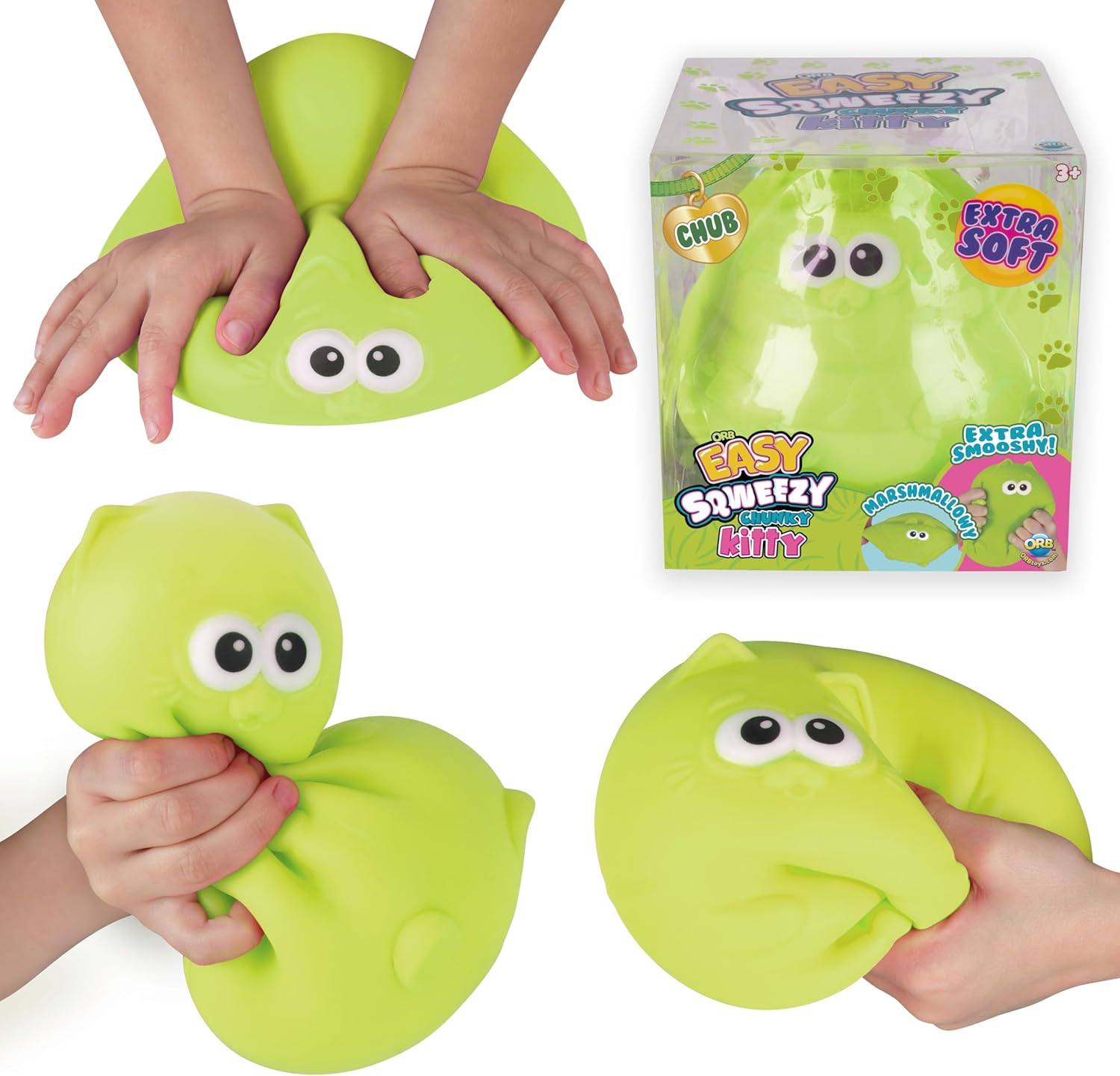 ORB Easy Sqweezy Chub The Chunky Kitty - Big Slow Rising Squishy Chubby Green Toy Cat - Extra Soft Marshmallow Squish - Large Squishy Stress Relief and Funkee Fidget Toy for Kids and Adults
