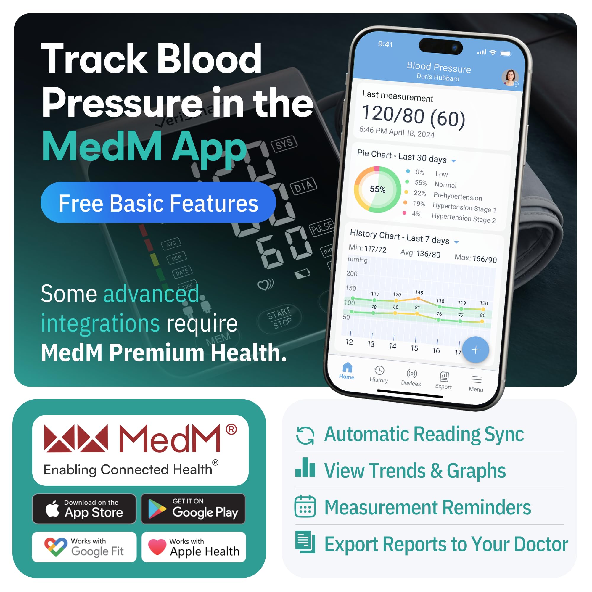 VeriSmart Monitor de presión arterial premium con la galardonada aplicación Smart Health Diary, pantalla LED grande de 16,3 cm, diseño ultrafino, manguito ancho, batería y USB-C, 5 años de garantía