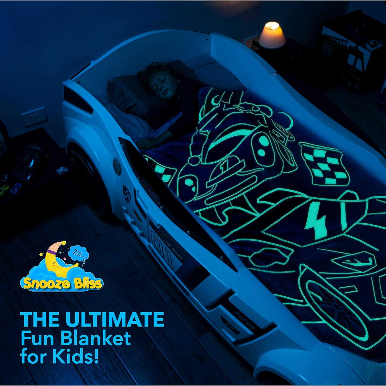 Glow in the Dark Race Car Throw Blanket – Fun Birthday Gift for Kids Who Love Toy Cars & RC Cars. Cool Hot Rod Design with Wheels Burning on the Race Track. Great for Race Car Bed or Boys Room Décor. - Image 2