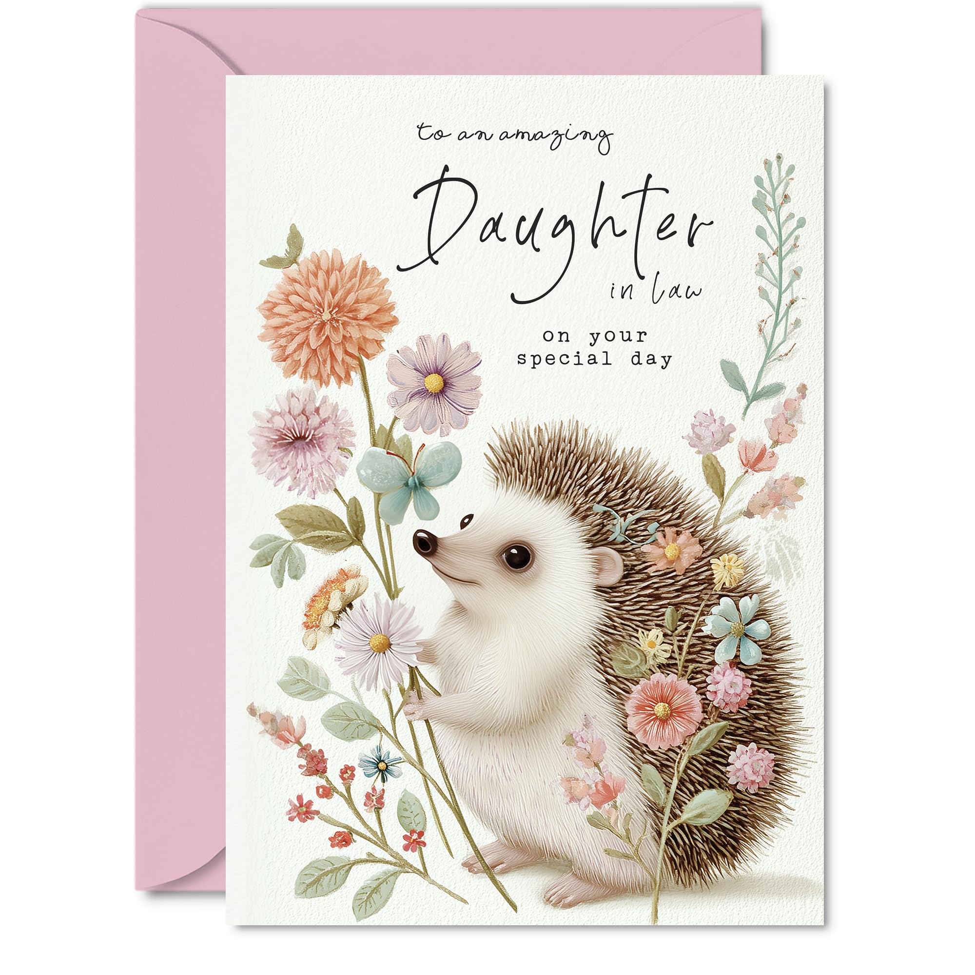 Sweet Birthday Card for Daughter in Law - Charming Hedgehog and Floral Scene - Pastel Colours Brighten Her Special Day - Celebrate with a Delightful Touch - A5, Envelope Included