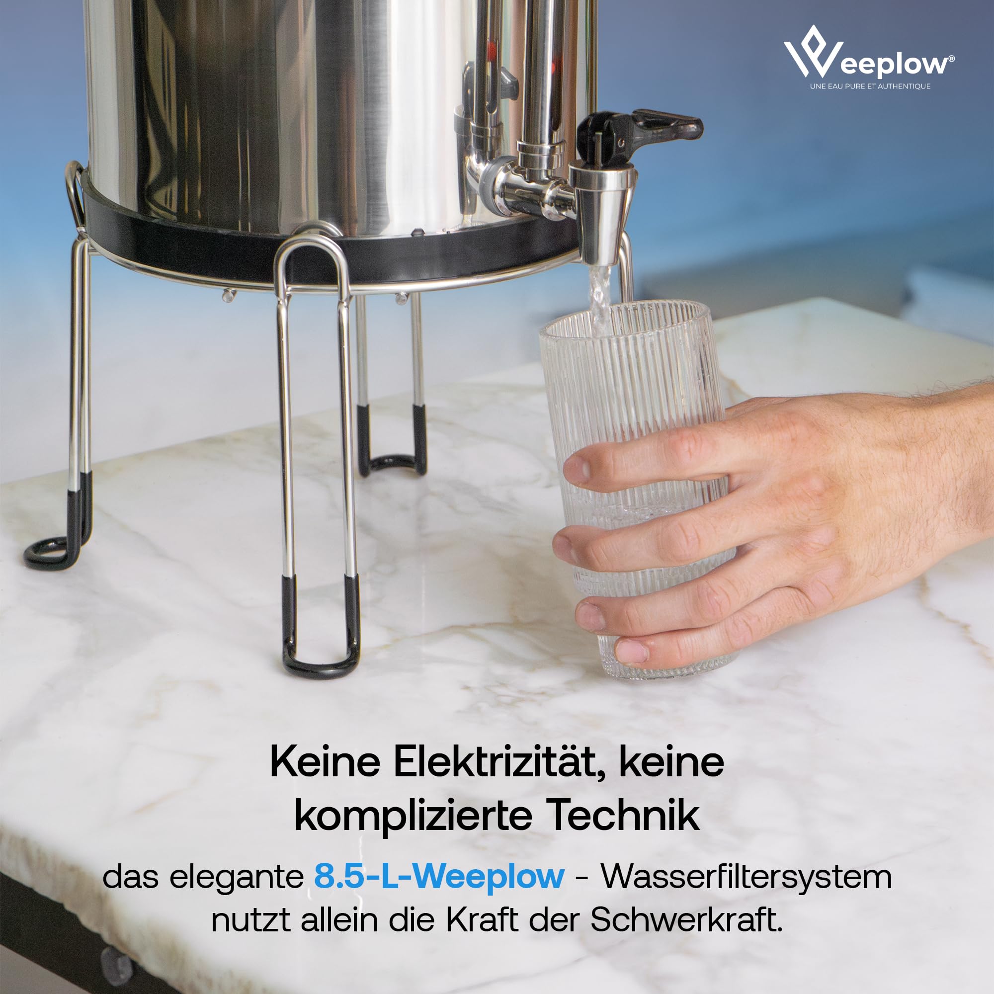 Weeplow® Earth – Schwerkraft-Wasserfiltrationssystem 8,5 Liter AISI 304 mit 2 O'Pure 2 Reinigungselementen, Wasserhahn mit Wasserwaage und kostenloser Edelstahlhalterung