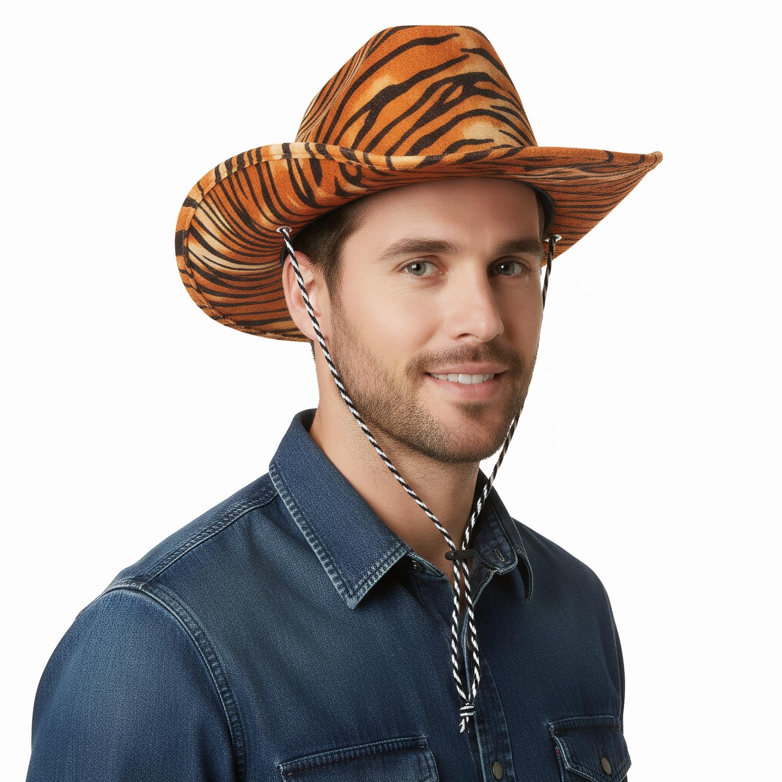 Didiseaon Cowboy Hat Tiger Hat with Adjustable Chin Strap, Wide Brim Animal Cap for Men Women Cowgirl Carnival Cosplay Party Supplies