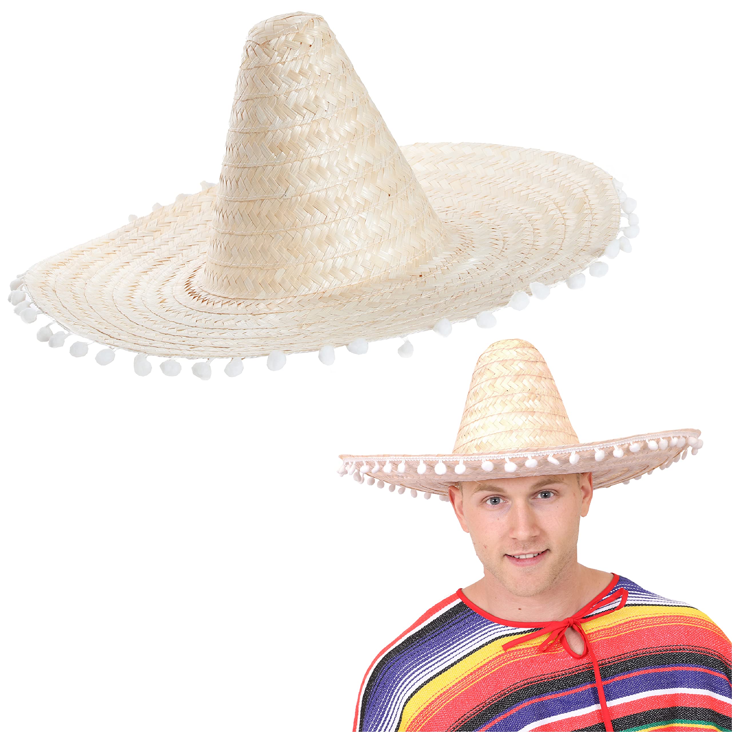 Adults Sombrero Hat - Pack of 1 - Natural Mexican Sombrero With White Pompom Details - Mens Ladies Mexican Cinco De Mayo Fiesta Fancy Dress Costume Accessory