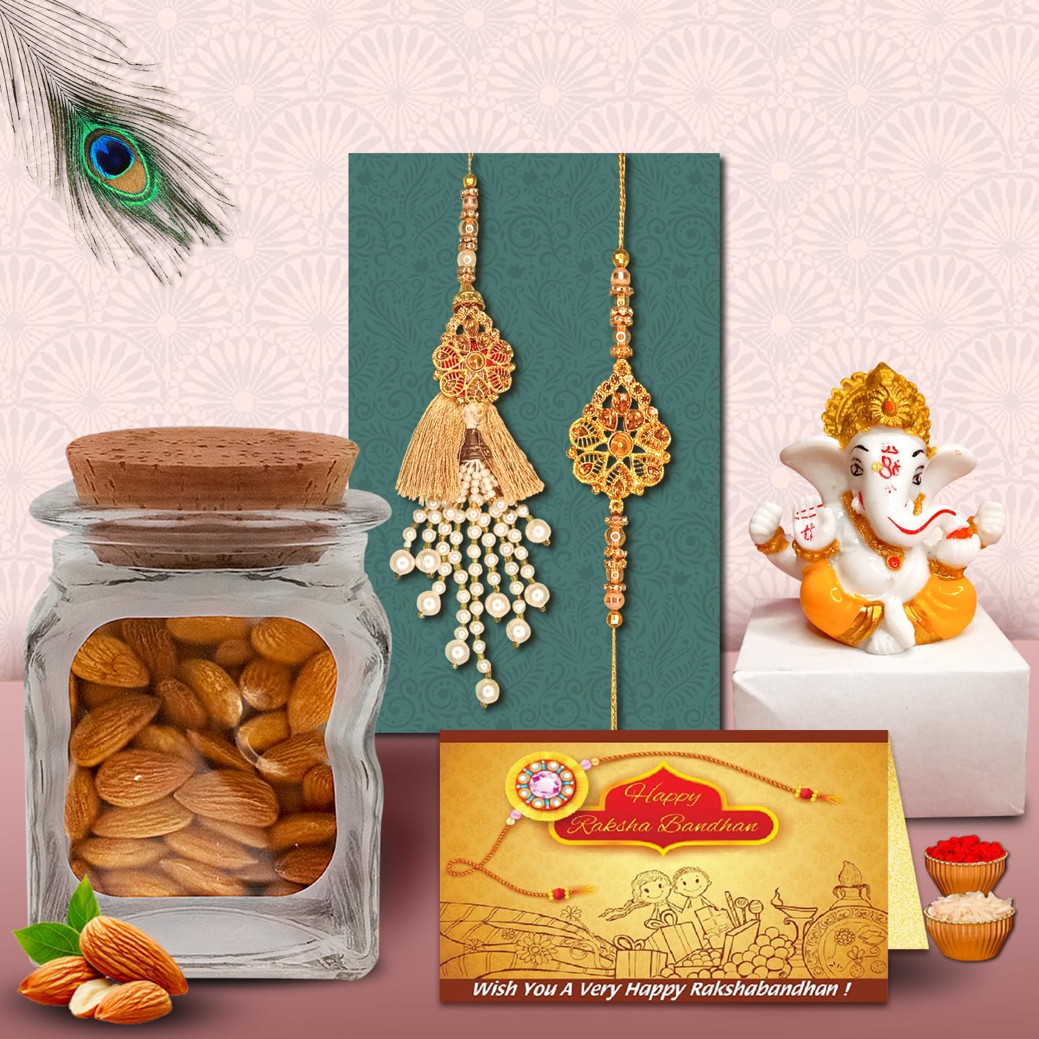 Midiron Raksha Bandhan Healthy Gift Hamper with Designer Couple Rakhi Set, Premium Almonds, Ganesh Idol, Roli Akshat & Rakhi Greeting Card | Gift for Brother & Sister-in-law-picture-13