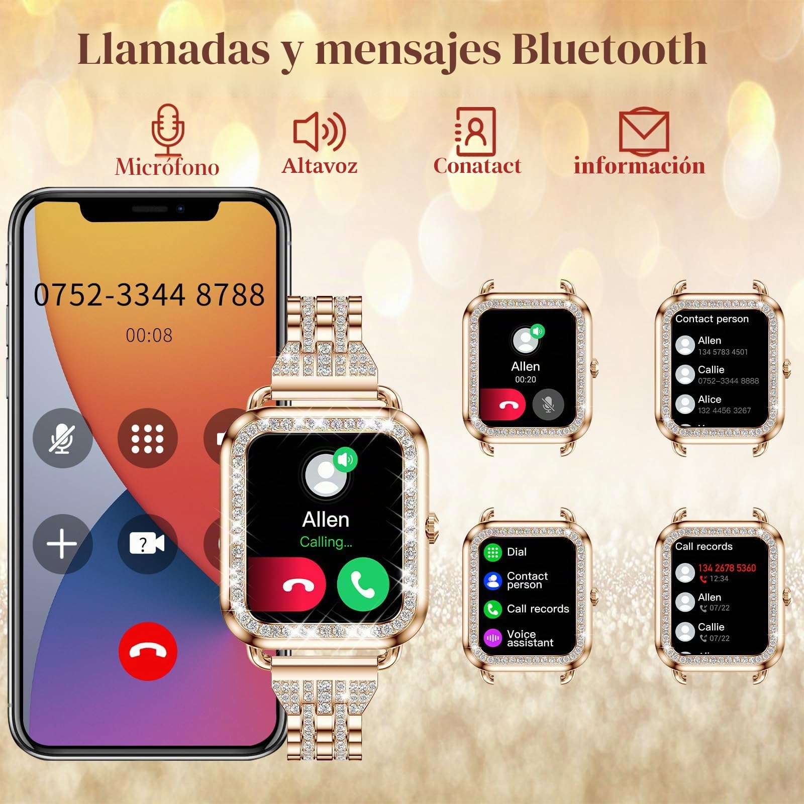 Smartwatch Mujer,Reciba y Conteste Llamadas vía Bluetooth, 1,29" Reloj Inteligente 120 Modos Deportivos,SpO2/Frecuencia Cardíaca/Sueño y Presión Arterial para Android/iOS,3 Correas