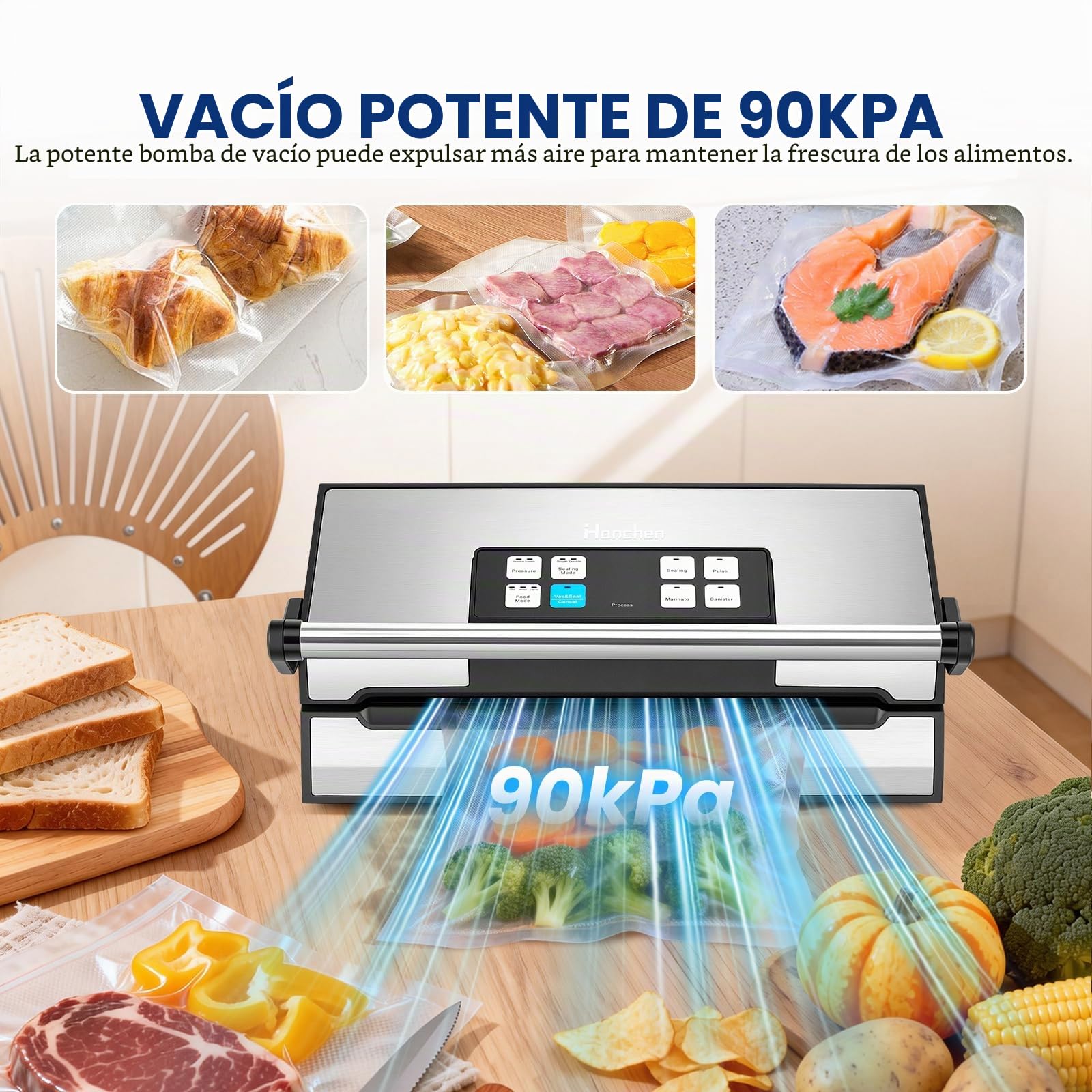 Hanchen envasadora al vacio domestica 90Kpa embasadoras vacio alimentos 30cm Doble soldadura maquina envasar al vacio selladora al vacío Incluye 2 rollos de bolsas y 10 bolsas