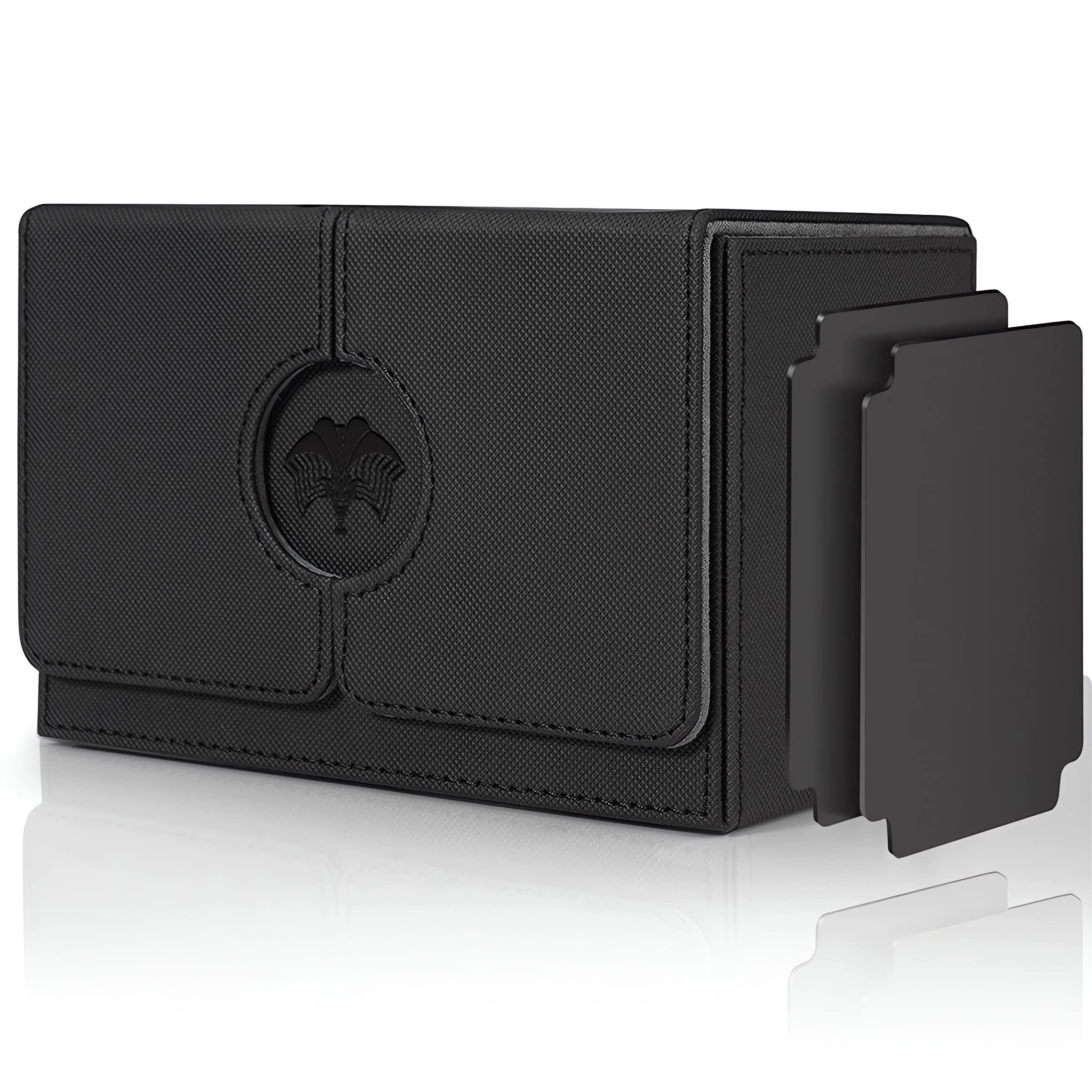 Bheddi Double Card Deck Box for YGO TCG Cards, with 2 Dividers 1 Dice/Token Tray per Holder, X-Large Size Fit 160+ Cards Without Sleeves(Forbidden One) (Black, Plus)