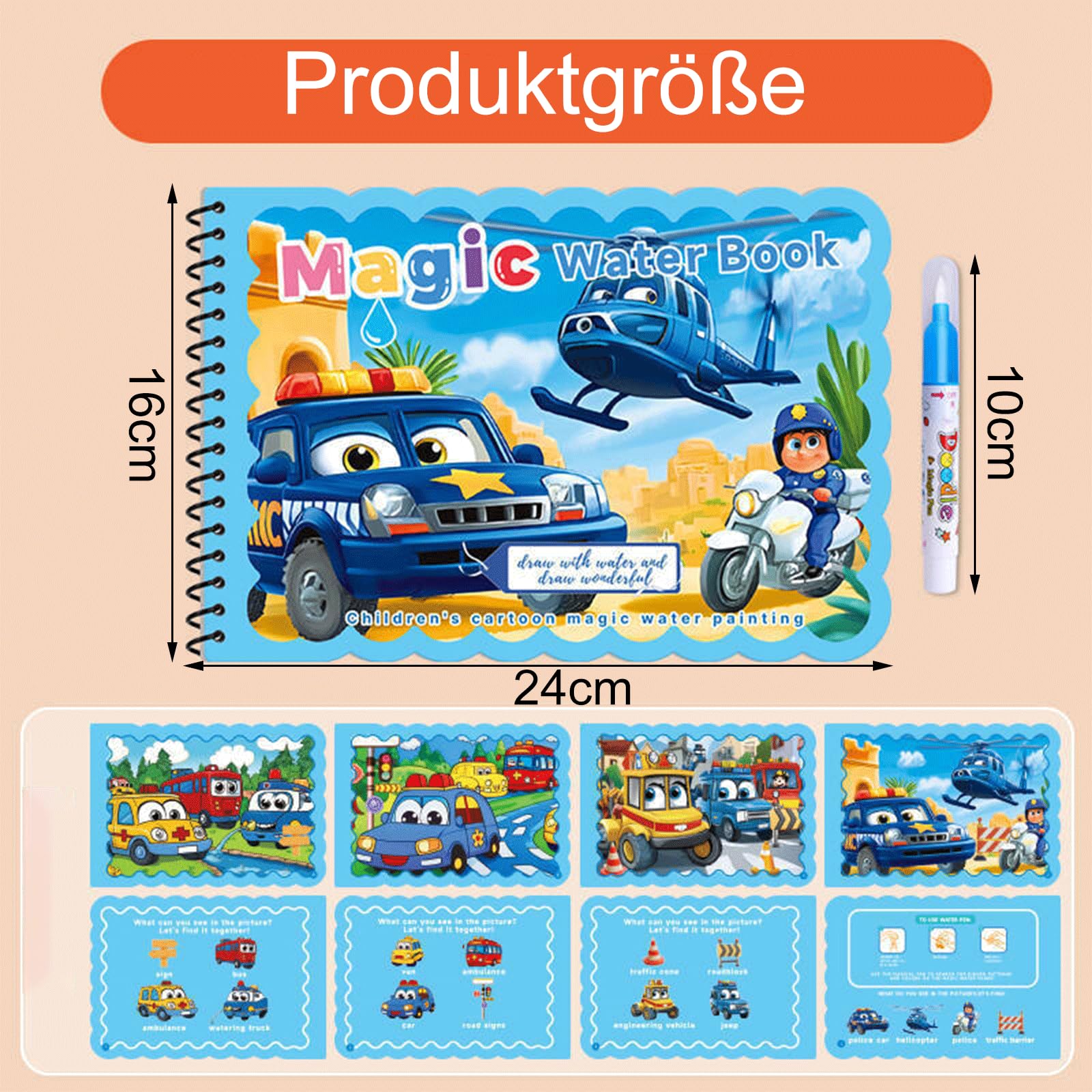 LEMONSTONE Kolorowanka wodna wielokrotnego użytku, Magic Water Colouring Book z kredką wodną, kolorowanka Water Wow, kreatywna kolorowanka wodna, dla dzieci, prezent (środek transportu)