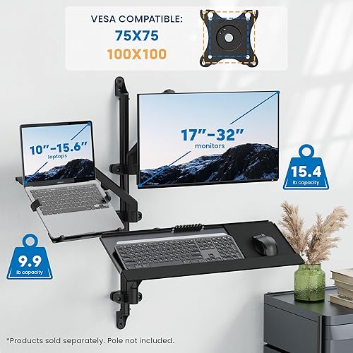 Miniatura 6 de Mount-It! Brazo ergonómico para portátil para montaje en pared o poste, ajustes de movimiento completos, diseño versátil, fácil instalación