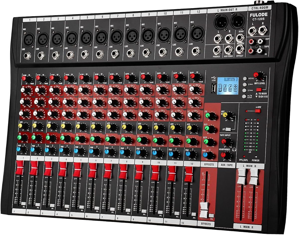 Consola mezcladora de audio de 12 canales, CT-120S Mezclador de música profesional Tabla de mezclas para DJ con reverberación Bluetooth Reproductor de MP3 Fuente de alimentación fantasma de 48 V Grabación USB para estudio Karaoke Rendimiento en vivo