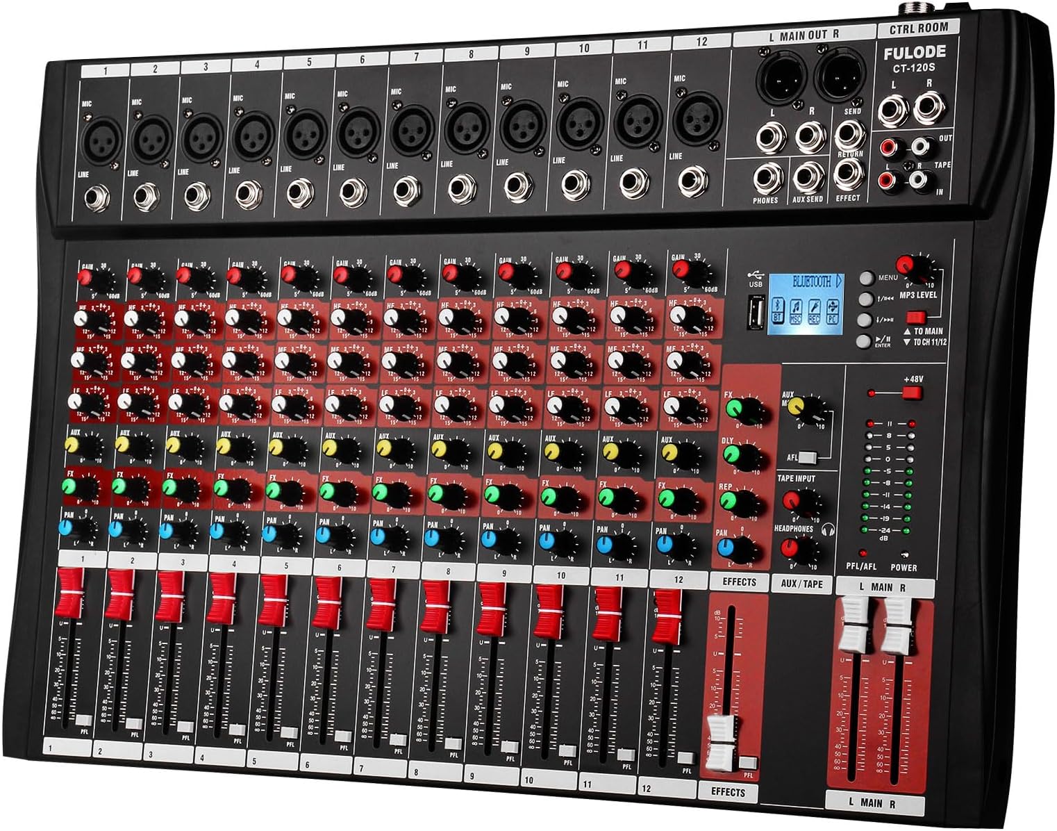 12 Channel Mixer Audio Console, CT-120S Professional Music Mixer DJ Mixing Board with Reverb Bluetooth MP3 Player 48V Phantom Power Supply USB Recording for Studio Karaoke Live Performance