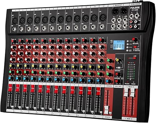 FULODE CT120S mezclador de audio de 12 canales, consola con Bluetooth USB, mezclador de DJ, equipo de DJ para entrada de grabación de computadora,
