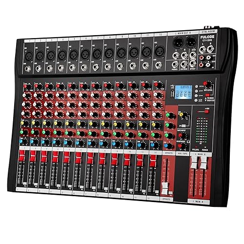 FULUODE 12 Channel Mixer Audio Console, CT-120S Professional Music Mixer DJ Mixing Board with Reverb Bluetooth MP3 Player 48V Phantom Power Supply USB Recording for Studio Karaoke Live Performance