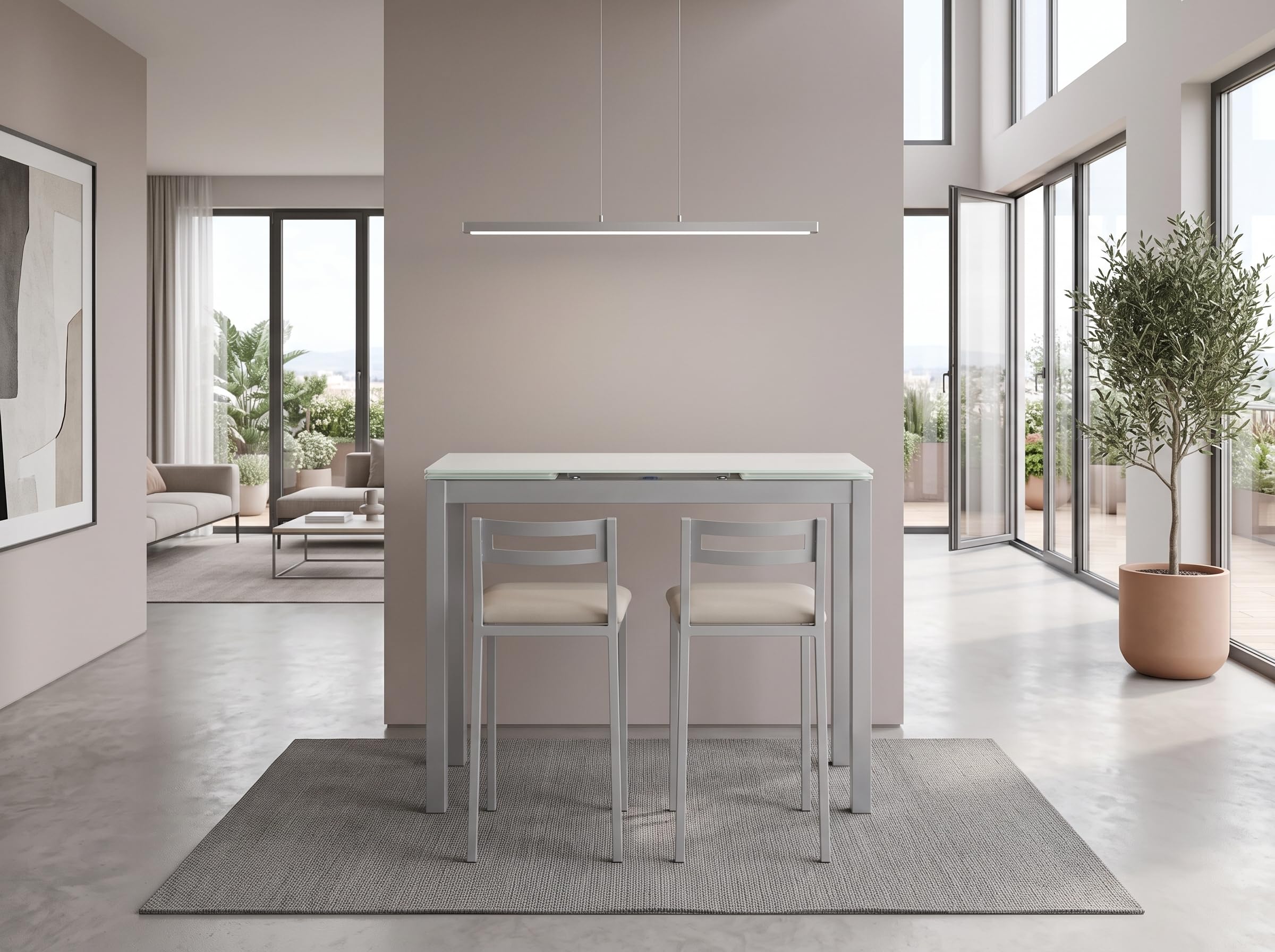 MOMMA HOME Mesa Extensible de Cocina Novi con 2 Taburetes Bajos MOLI – Conjunto Mesa y Taburetes para Cocina, Comedor y Espacios Pequeños, Diseño Moderno (Blanco)