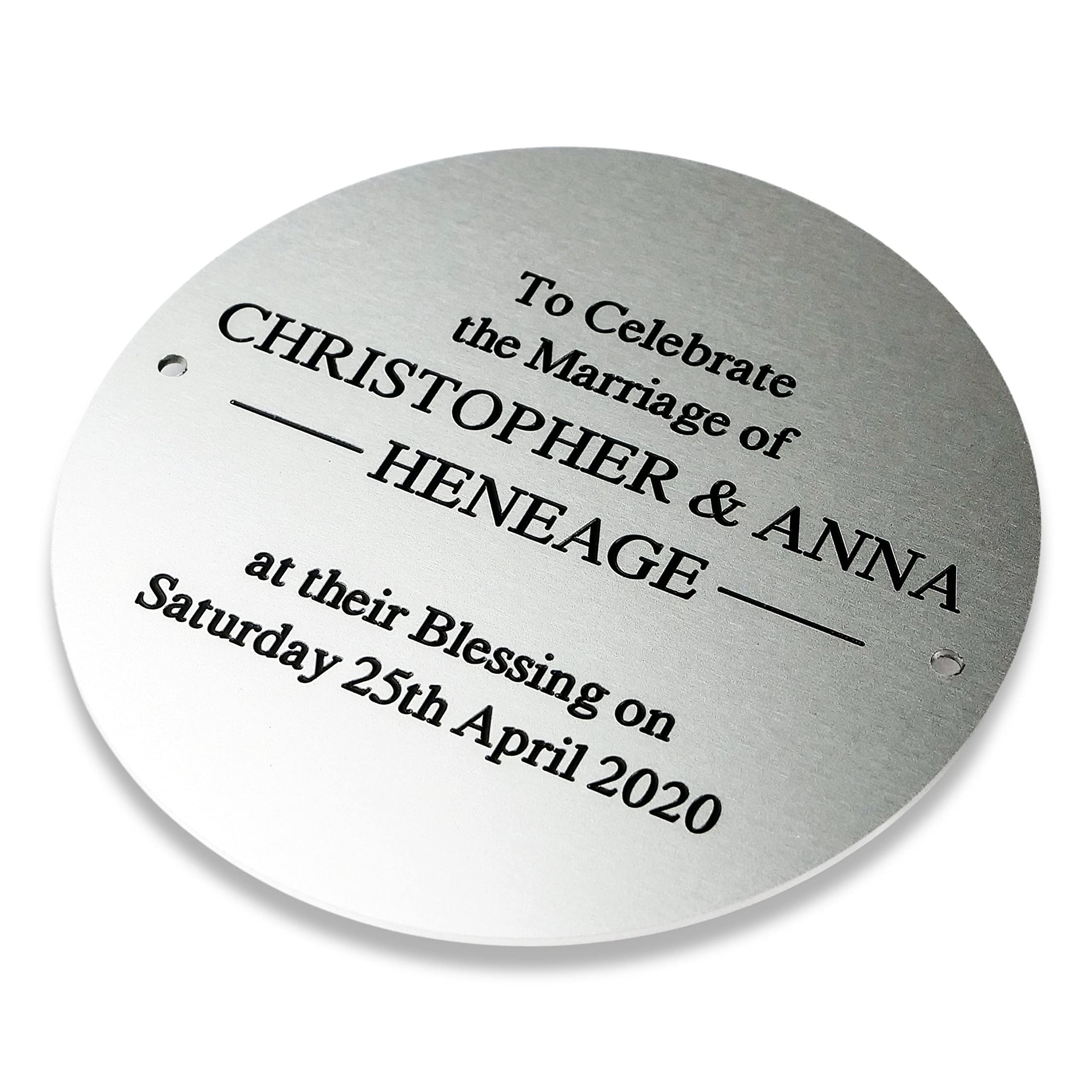 Engraving Studios 8" circular satin silver aluminium engraved nameplate. Personalised engraved memorial plaque
