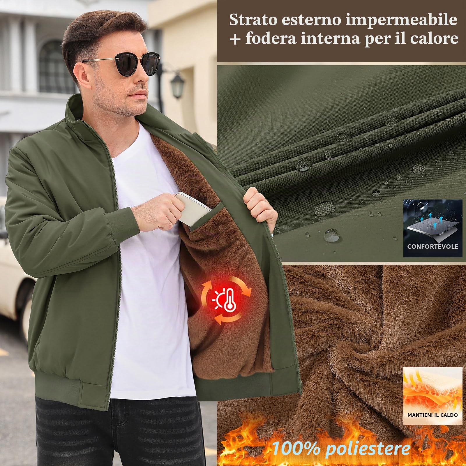 Lonya Giacca Bomber Invernale Uomo Giubbotto Pile Termica Aviator Jacket Antivento Impermeabili Casual Con Cerniera e Tasche