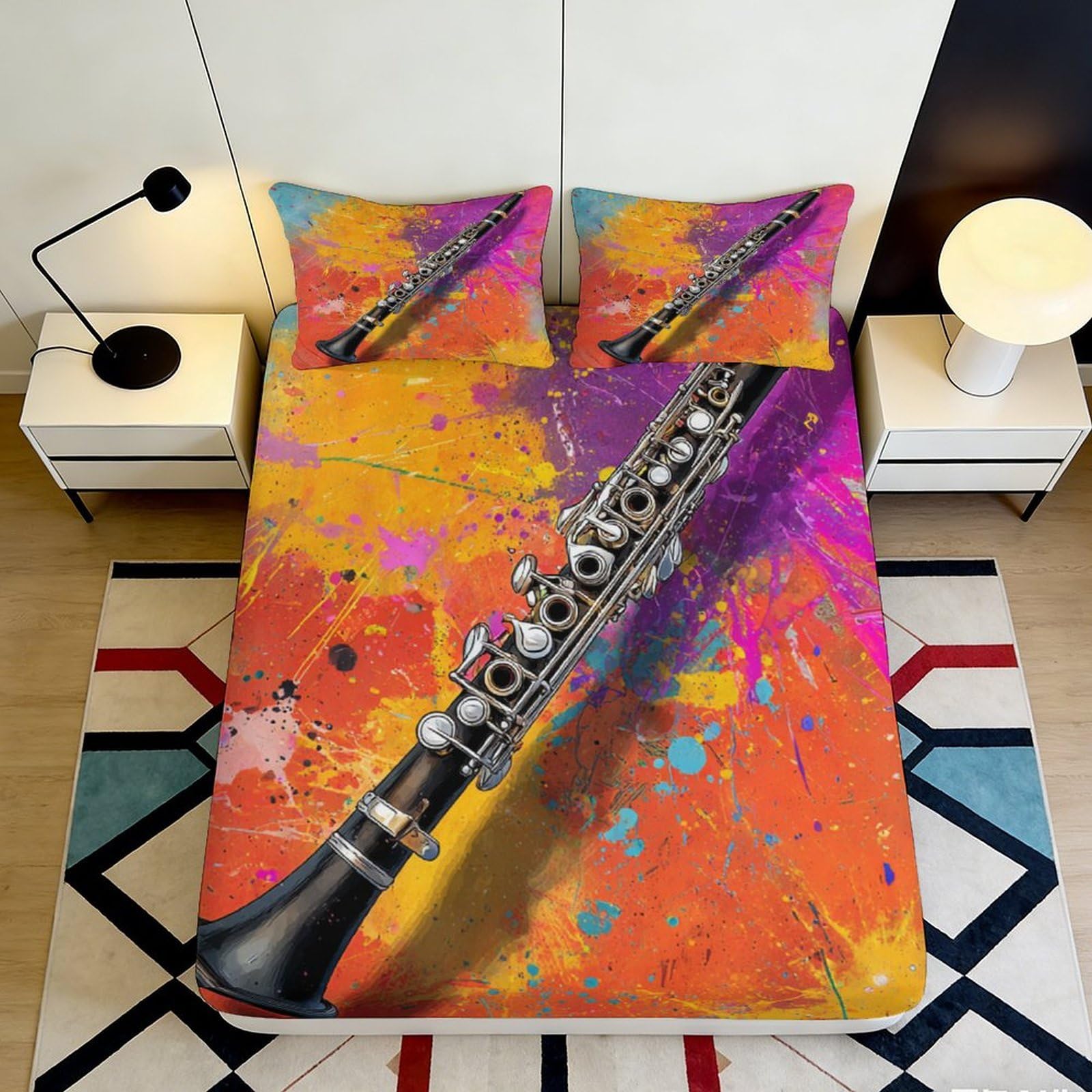 Pnayamiorkfel Style-2 3D Printed Colorful Clarinet Fitted Sheet Microfiber Artistic Music Splash Bed Cover For Bedroom Dorm Room Decor 90X200x25cm