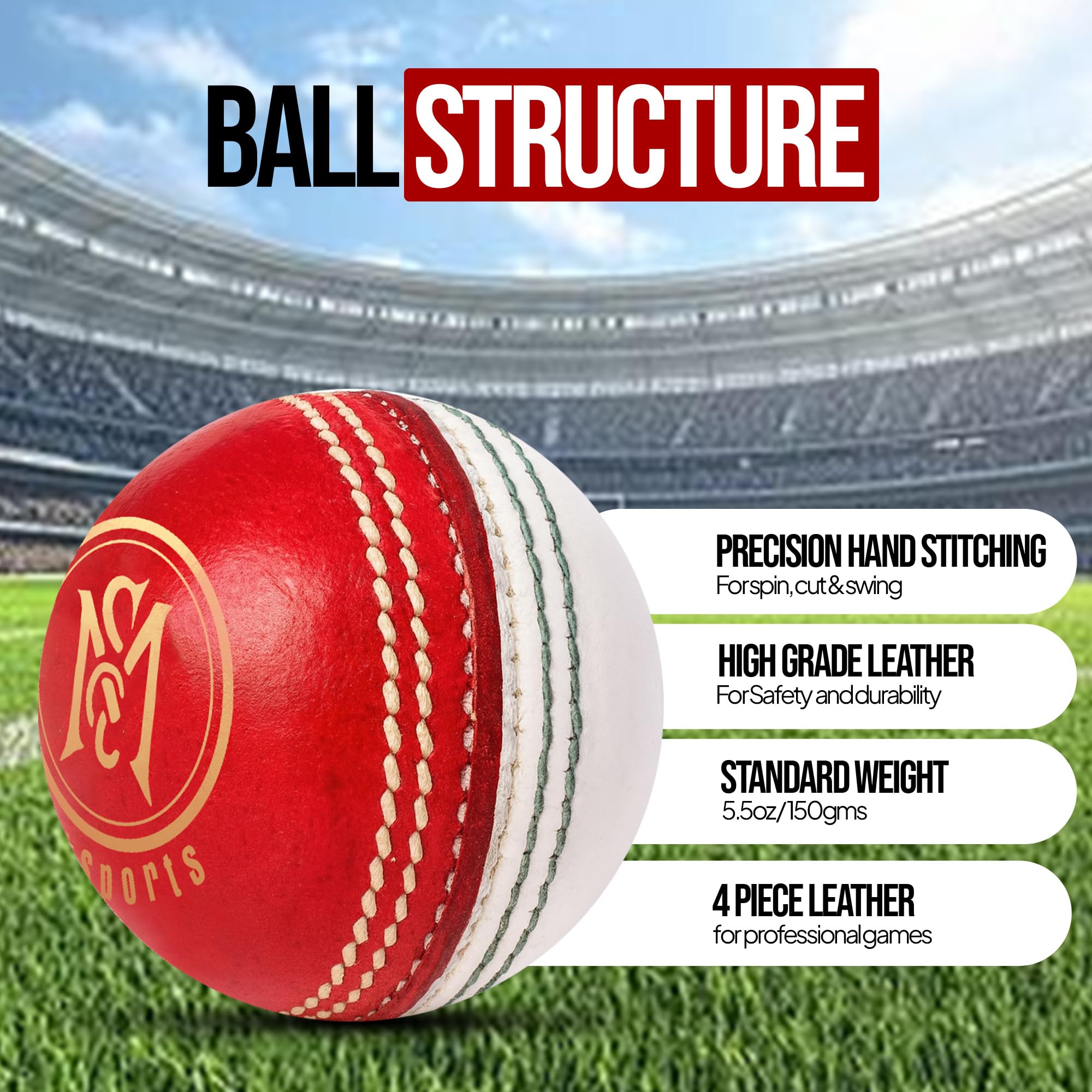 Leder Cricket Ball Senior Handgenähte Match-Qualitätsbälle Gewicht 5,50 Unzen