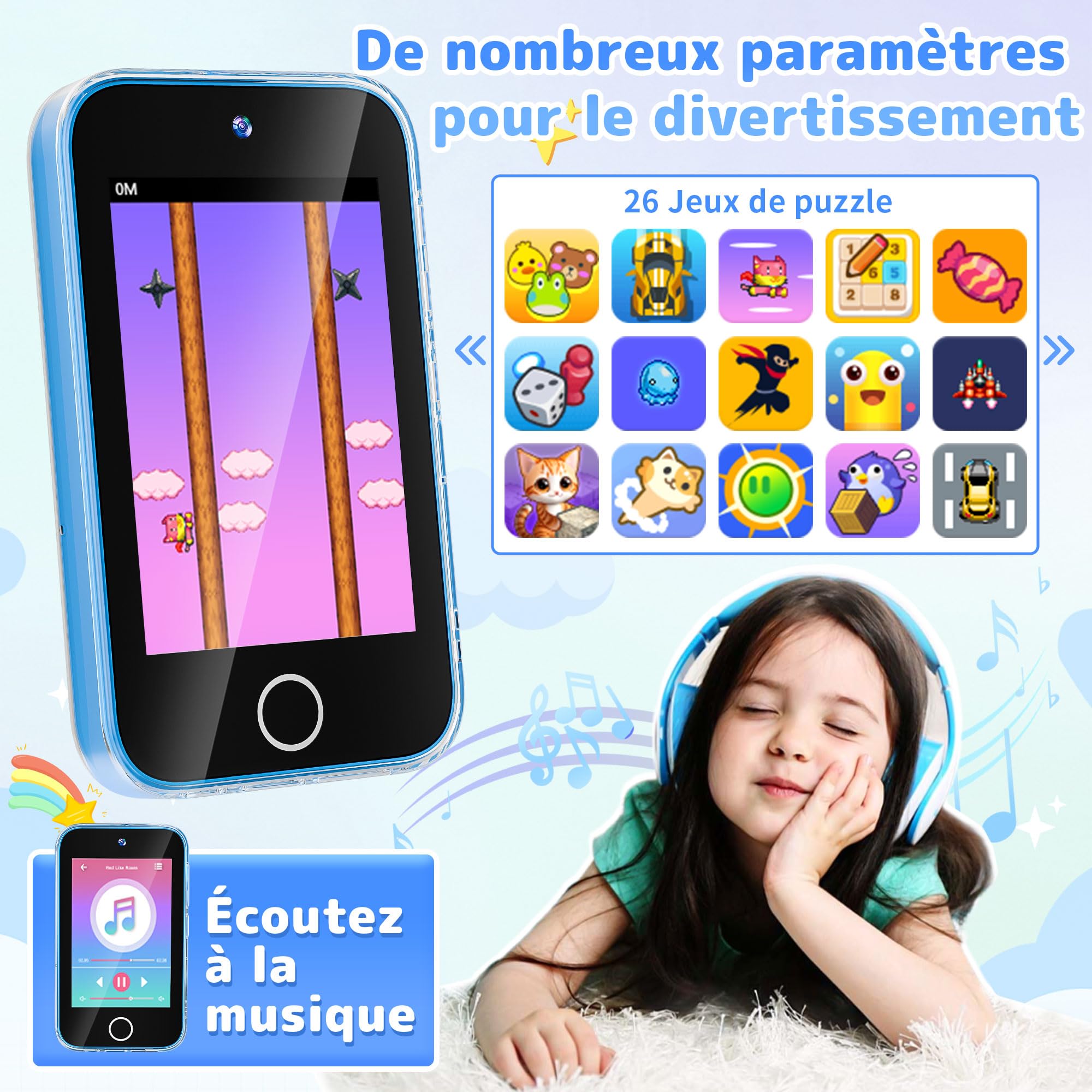 Telephone Portable pour Enfant, Smartphone pour Enfants|Écran Tactile 3,5 Pouces, Conception protégeant Les Yeux|Jeux éducatifs|Cadeau pour Filles et garçons âgés de 3,4,5,6, 7,8,9,10,11,12 Ans, Bleu
