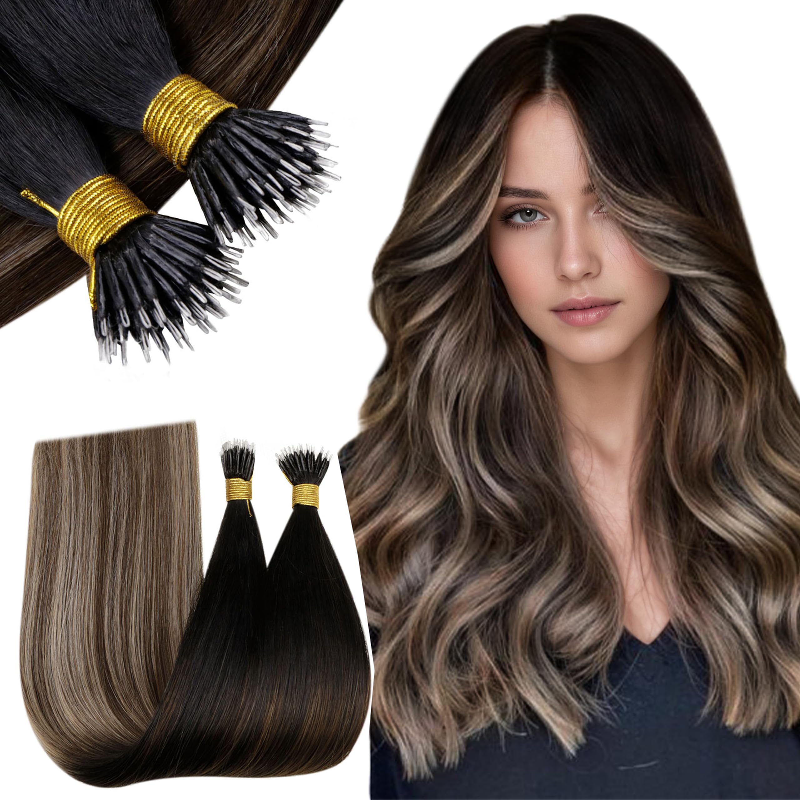 RUNATURE Nano Extensions Echthaar 60 cm Lang - Braun Ombre Balayage Schwarz Blond Natürliche Perlen #1B/4/27
