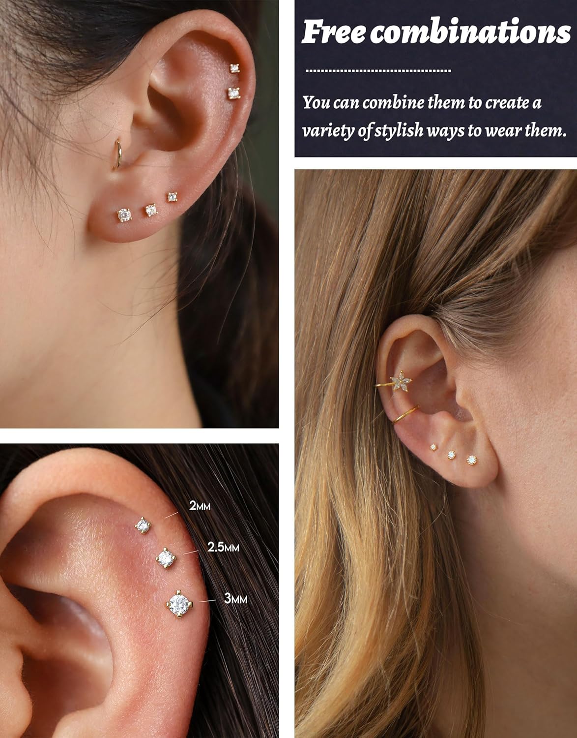 3-5 Pairs Gold Stud Earrings for Women Trendy 925 Sterling Silver Stud Cartilage Earrings Hypoallergenic 14K Gold Plated Pearl Star Earring Sets for Multiple Piercing Cubic Zirconia Opal Jewelry - Image 4