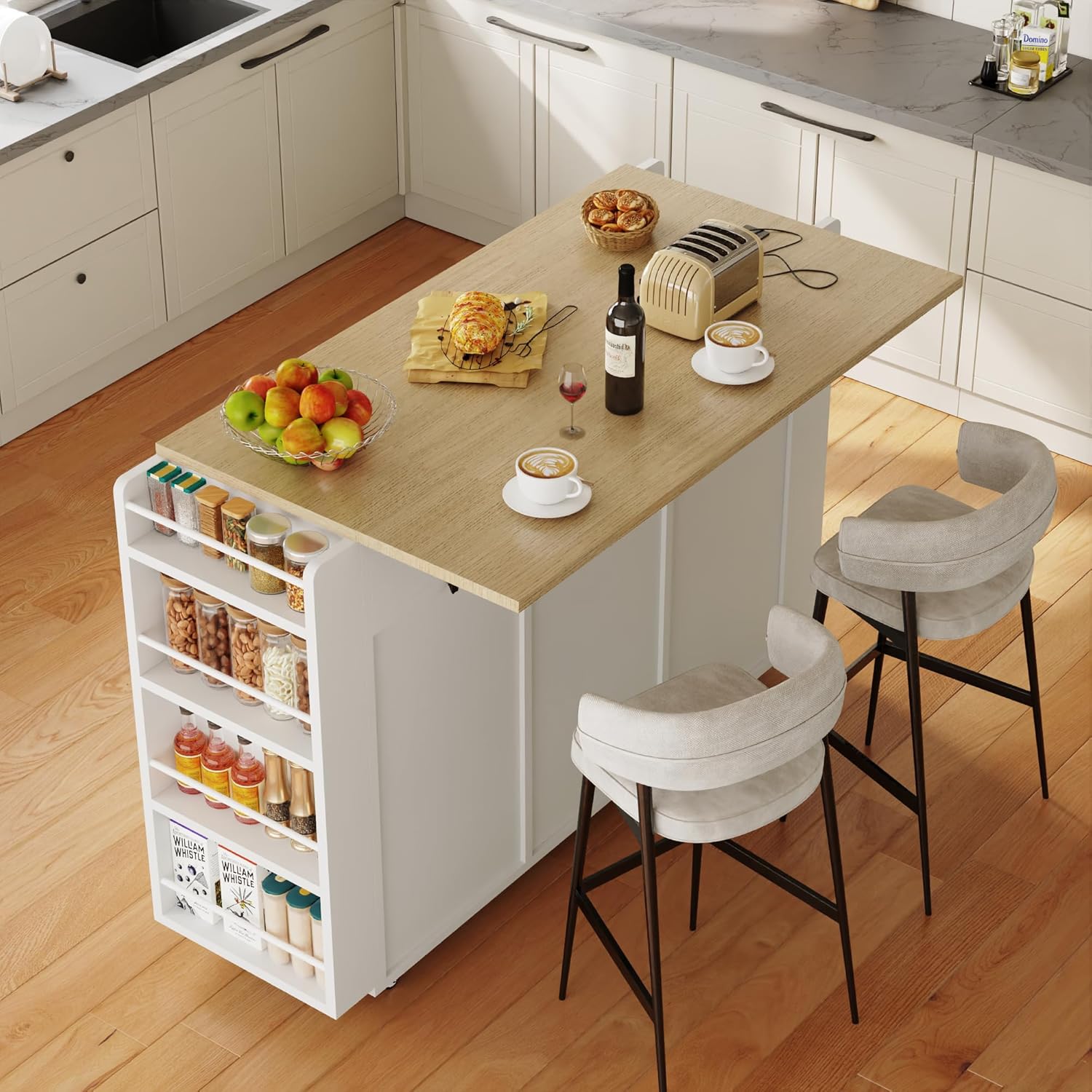 Kitchen Island on Wheels with Storage, 47“ Rolling Island Carts with Trash Can Storage, Drop Leaf Island Table with Power Outlet, Drawers, Spice Rack, White