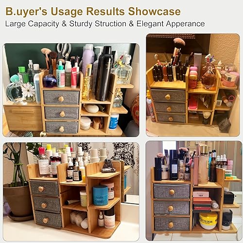 Miniatura 9 de Organizador de maquillaje con soporte para brochas para tocador, organizador grande de bambú para encimera de baño y almacenamiento, organizador de