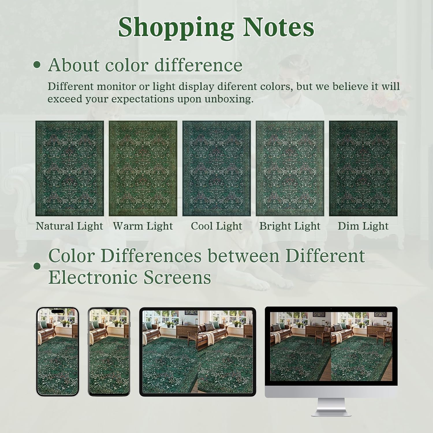 LIVEBOX Floral Dark Green Living Room Rug 8x10, Washable Area Rug for Bedroom, Vintage Green Forest Large Throw Rugs for Dining Room, Soft Non-Slip Low-Pile Boho Carpet for Kids Nursery Playroom