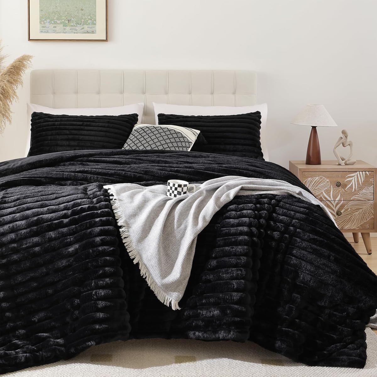 Fluffy Twin Size Comforter 2 PCS - Black Fleece Bedding Set | Luxury Fuzzy Plush & Super Soft Bed Set All Season, Heavy Cozy Warm Faux Fur Stripe Comforter with 1 Pillow Case