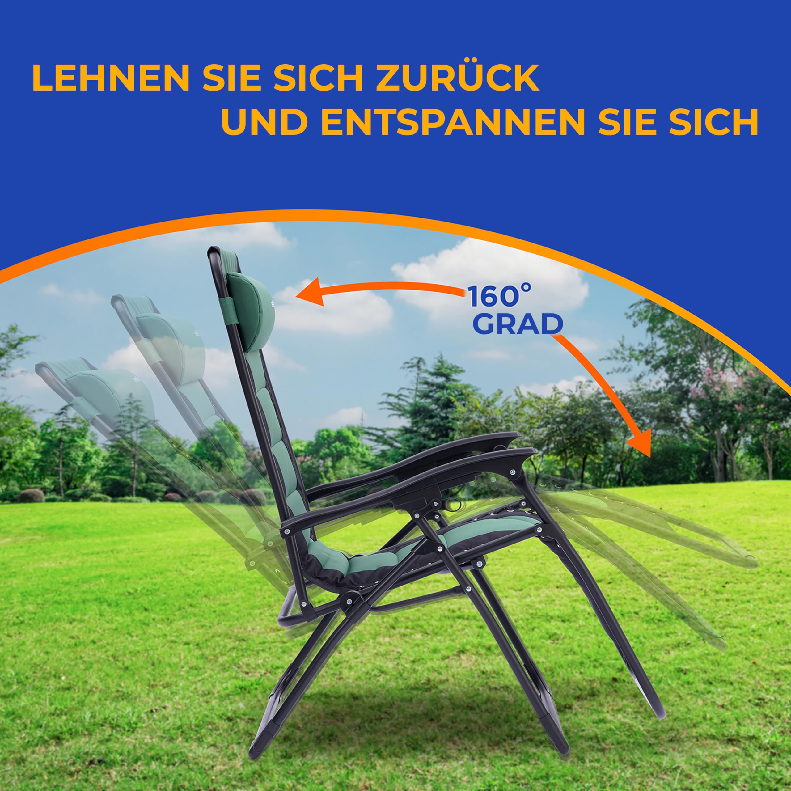 SereneLife Liegestuhl, Gartenlieg Klappbar mit Stufenlos verstellbare Positionen, Kopfstütze, Getränke- & Handyhalter, Grün, Rostfreier Stahlrahmen, Relaxliege für Terrasse & Balkon