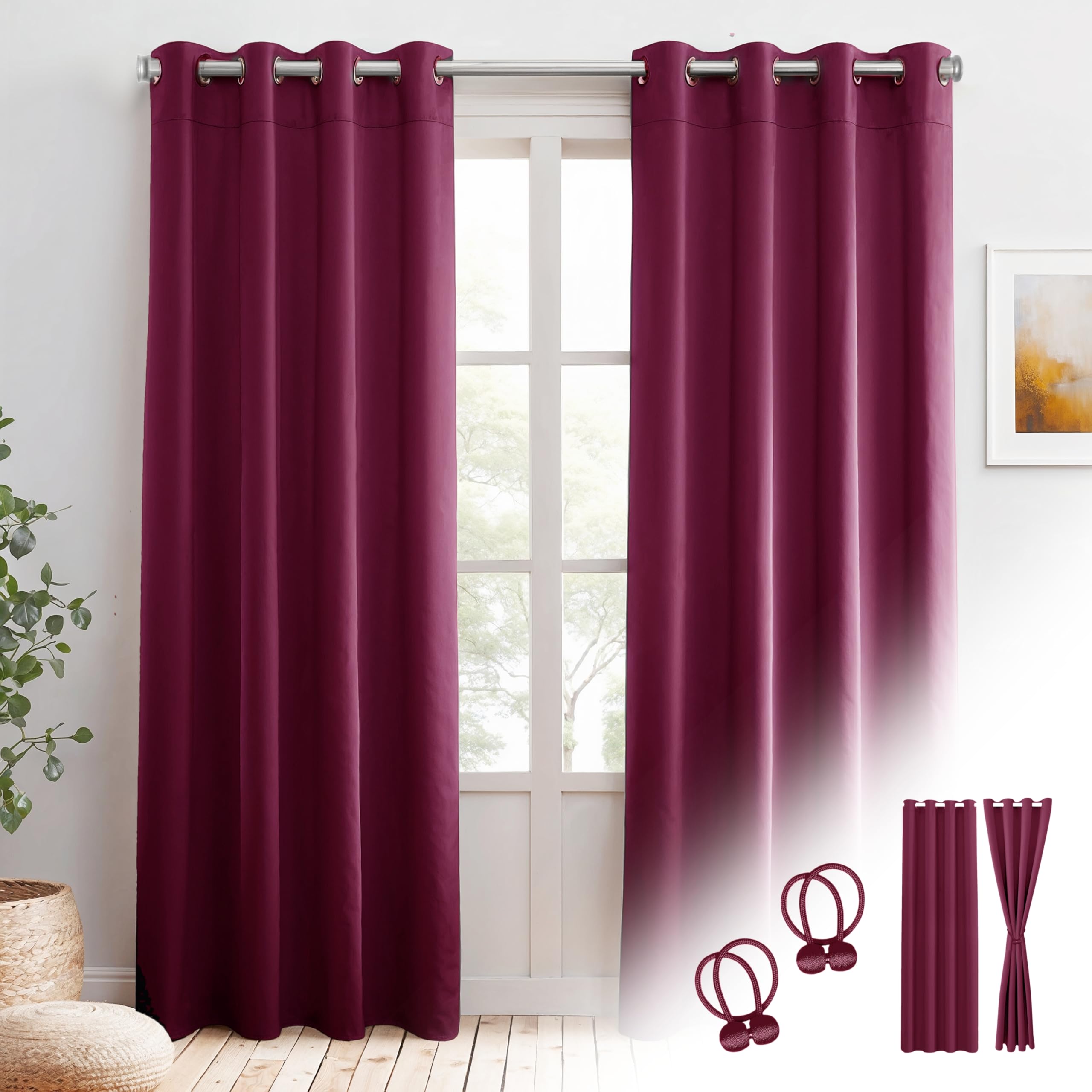 Cozyor Verdunklungsvorhänge Gardinen 2er Set mit Magnet-Raffhalter Thermogardine isolierend verdunkelnd, Gardine mit Ösen für Schlafzimmer, Wohnzimmer, Kinderzimmer