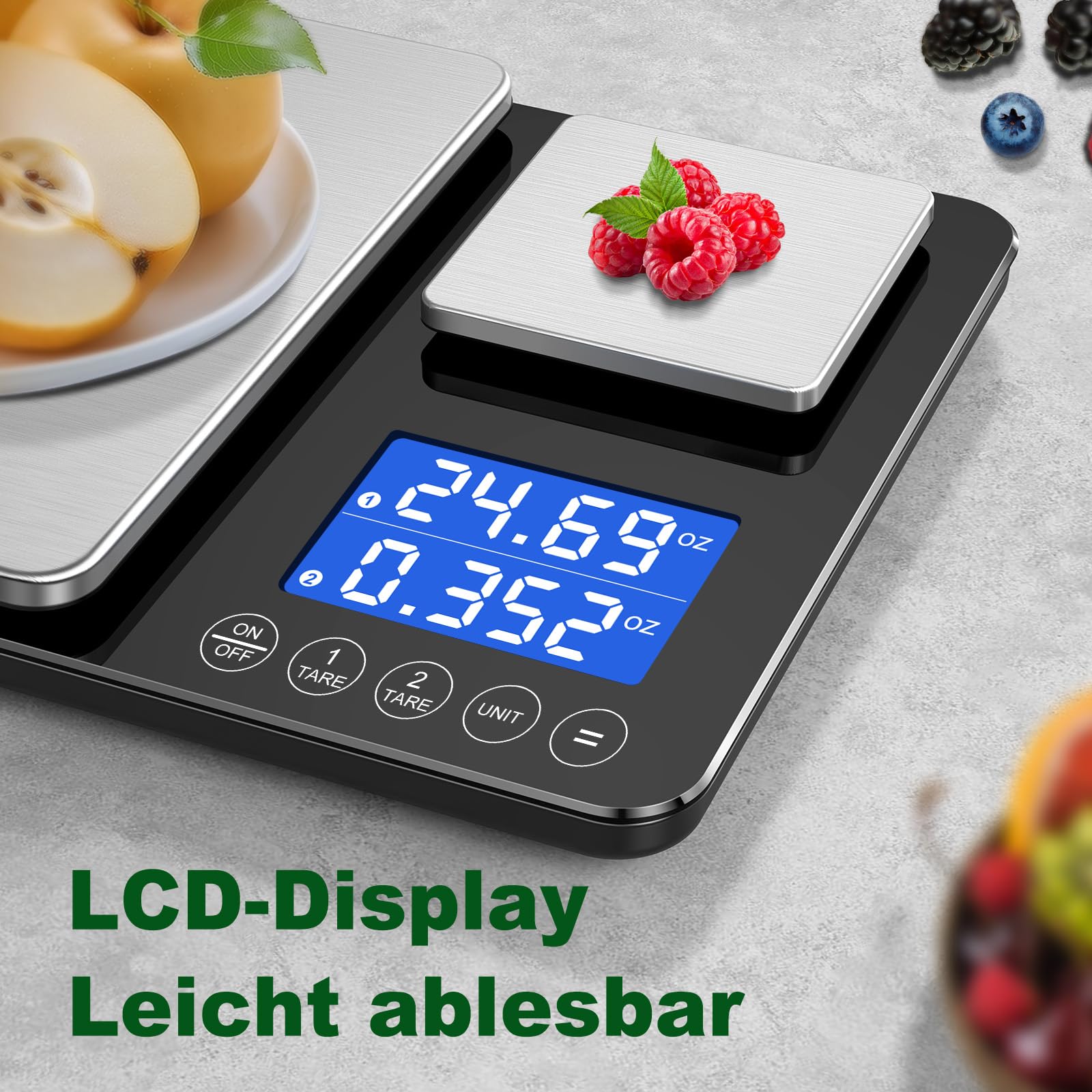BRICH Balance de cuisine numérique avec double plate-forme – 500 g/0,01 g et 15 kg/1 g de précision, fonction de somme, 7 unités, acier inoxydable et verre, éclairage LCD – Idéal comme échelle