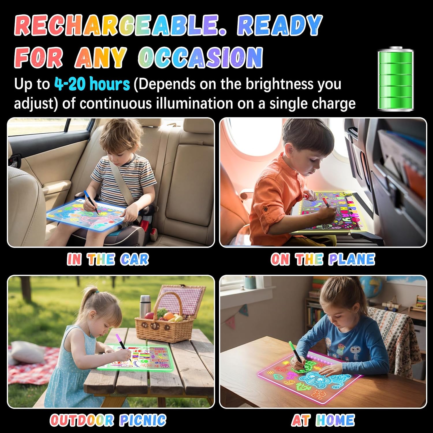 16" Led Drawing Board for Kids Rechargeable, Portable Doodle Glow LED Note Board with 7 Colors, Light Up Acrylic Dry Erase Lumi Board with Stand, Easter Gifts Teen Boys & Birthday Gifts(White)