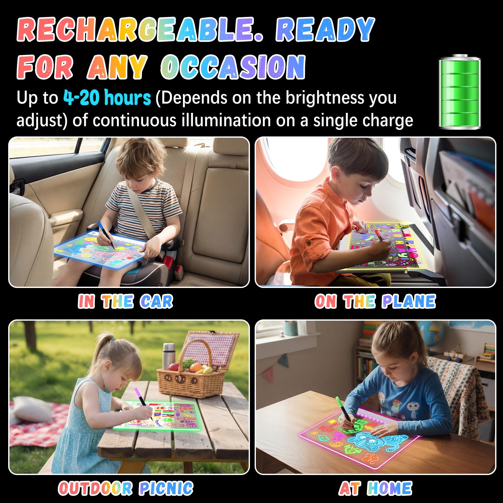 Lavagna da disegno a LED ricaricabile per bambini, 40,6 cm, portatile, con 7 colori, lavagna luminosa in acrilico cancellabile a secco con supporto, regalo di Pasqua, ragazzi e regali di compleanno