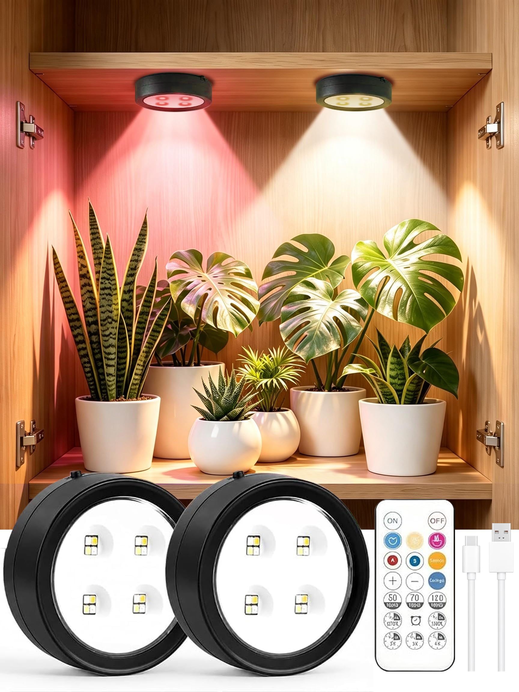 Paquete de 2 luces de cultivo recargables, LED de espectro completo inalámbrico para plantas de interior, montaje magnético, temporizador y control remoto, USB-C de 2000 mAh para estantes