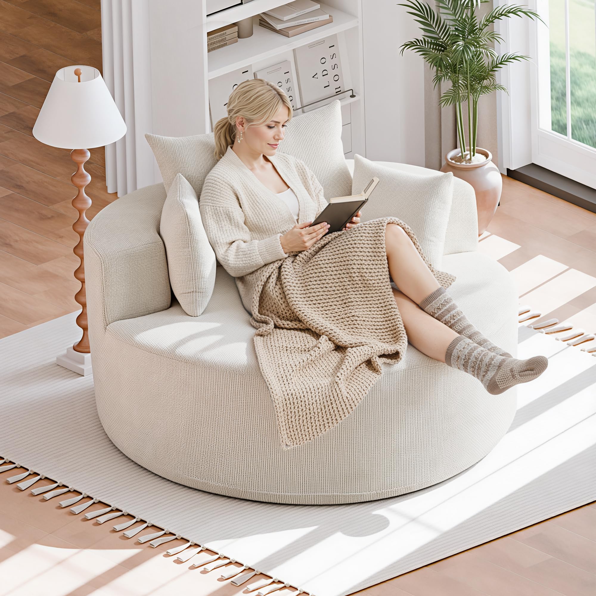 55'' Oversized Round Boneless Chaise Lounge Chair Indoor, Upholstered Corduroy Deep Seat Cloud Large Circle Sofa Couches Bed Corduroy Modern Floor No