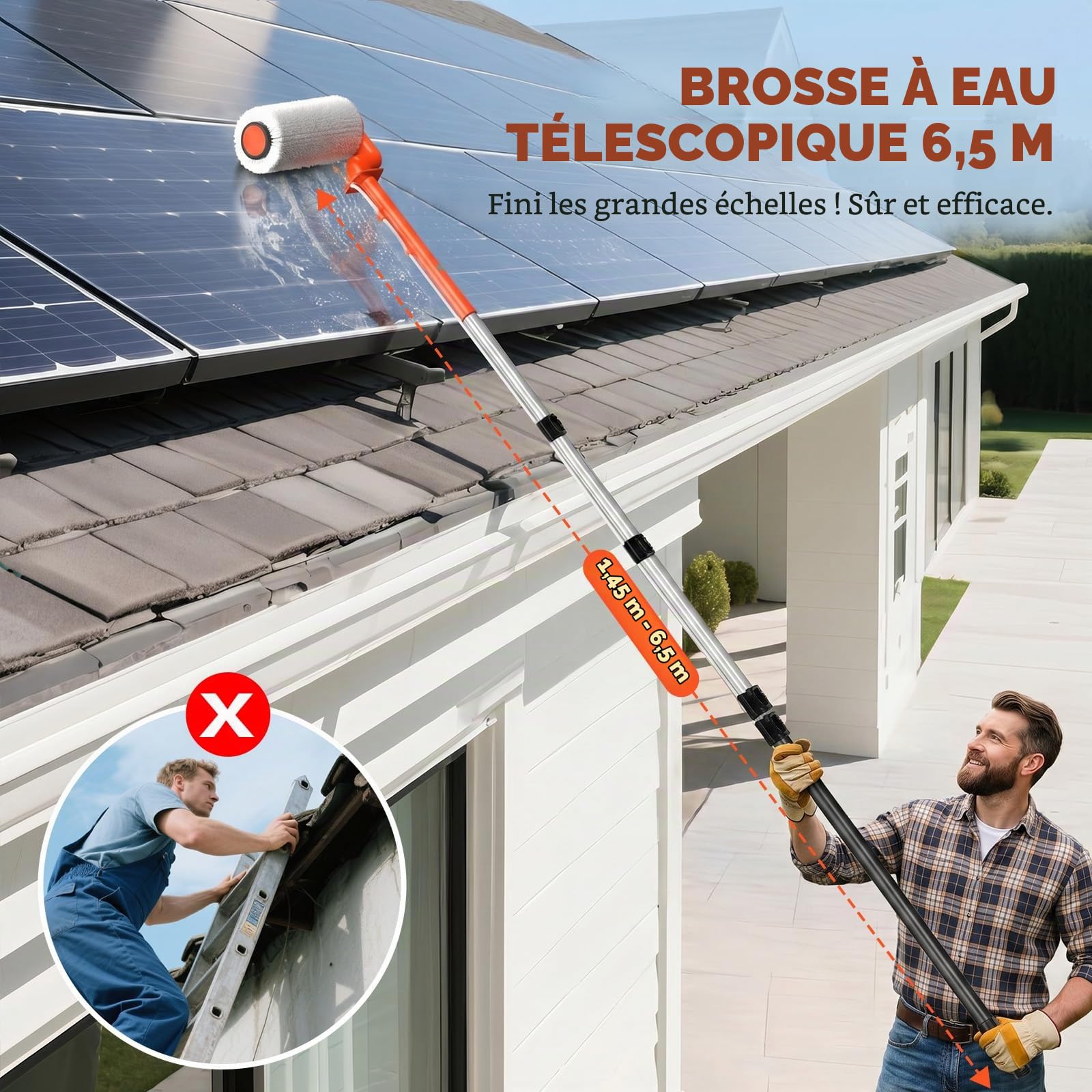 Brosse Telescopique Toiture Électrique Télescopique de 6,5M Perche Telescopique Nettoyage Panneaux Solaires pour Systèmes PV, Fenêtres, Toits de Terrasse et Nettoyage