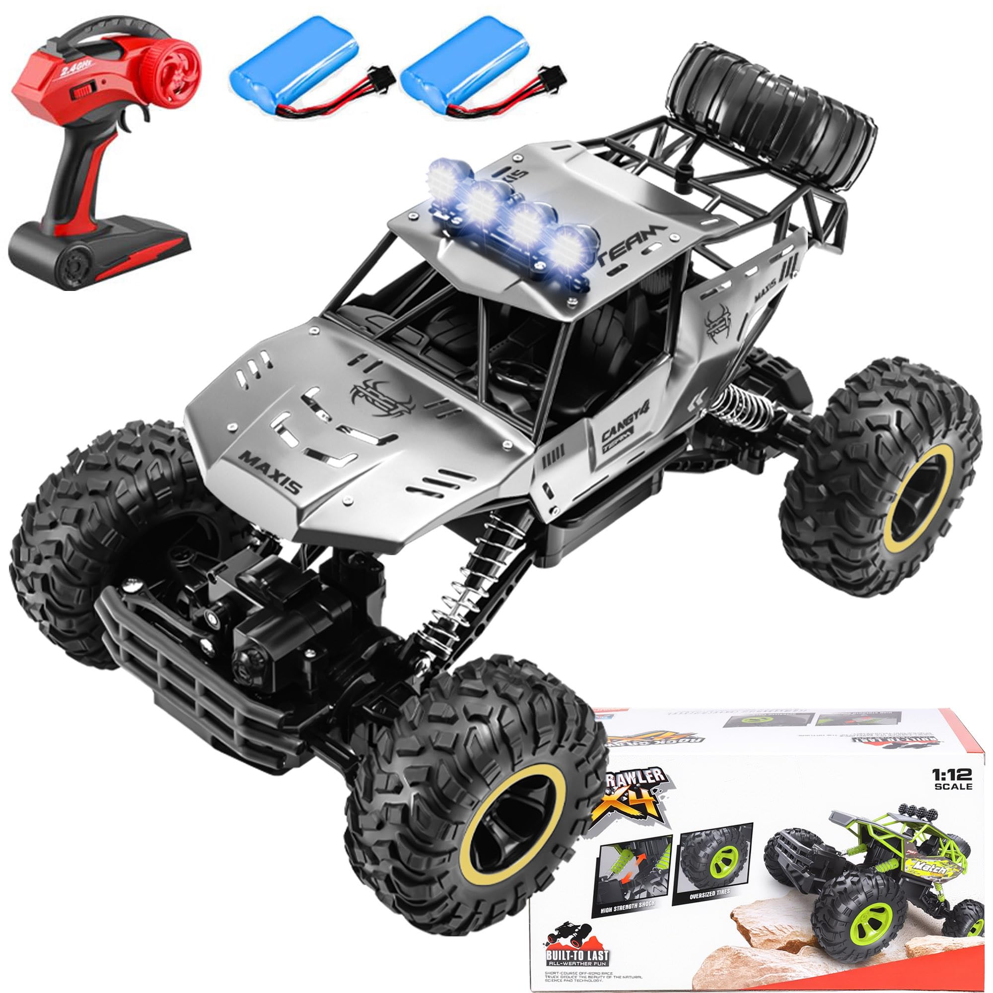 1:12 RC Car RC Monster Truck Remote Control Car 4WD Off-Road Radio Controller Cars Monster Truck, Metal Shell with 2 Batteries Large 38CM For Kids,Multiplayer Play Vehicles 5 Colors (Silver)