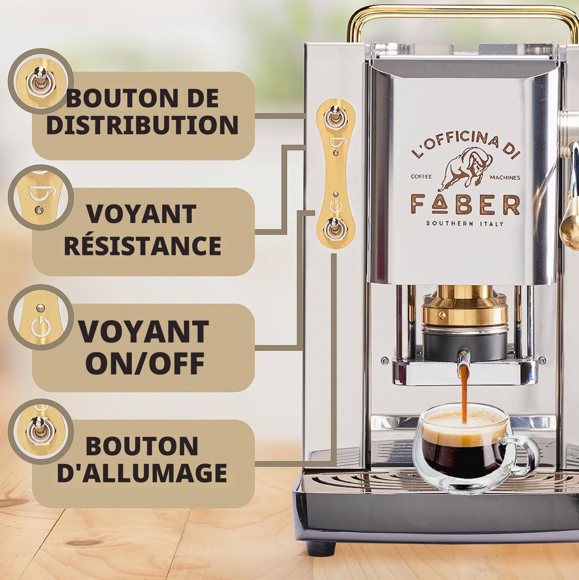 FABER COFFEE MACHINES | Modèle Pro Total Inox Deluxe | Machine à café à dosettes ese 44mm | Pressacialda en laiton réglable | électrovanne de série (laiton)