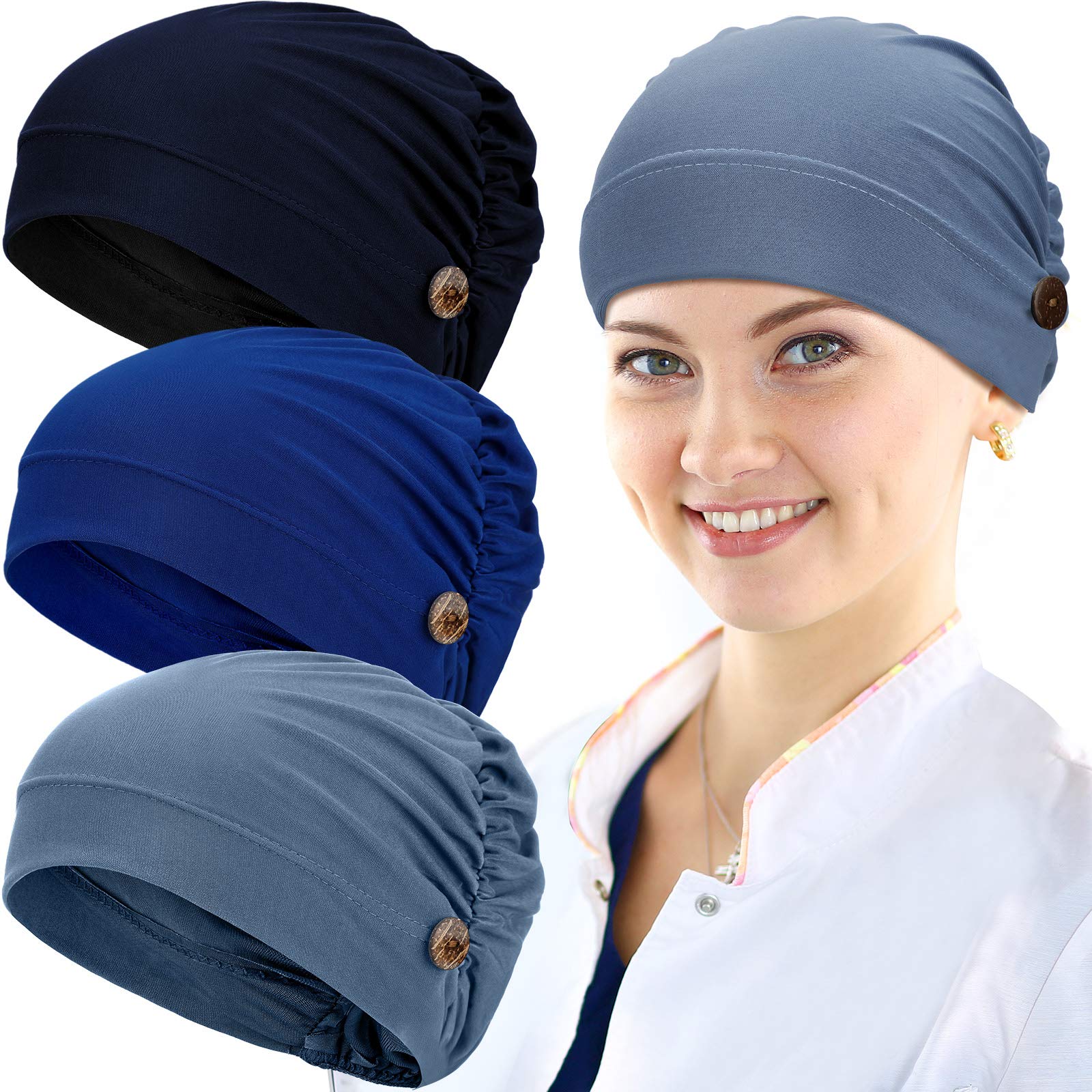 Geyoga 3 Pieces Bouffant Caps with Buttons Unisex Stretchy Headband Turban with Buttons for Women (Navy Blue, Royal Blue, Blue)