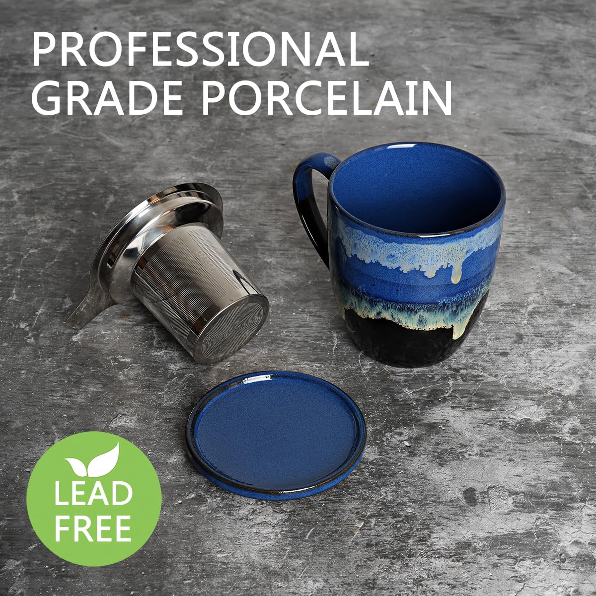 Bosmarlin Ceramiczna filiżanka do herbaty z zaparzaczem i pokrywką, 470 ml, 4 kolory do wyboru, nadaje się do mycia w zmywarce i kuchence mikrofalowej, kubek do herbaty z sitkiem (niebieski)