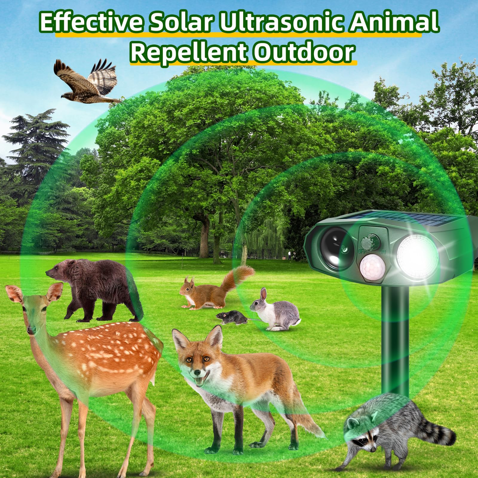 Paquete de 4 repelentes solares ultrasónicos de animales para exteriores, dispositivos disuasorios de ciervos con sensor de movimiento, repelente solar de ganso
