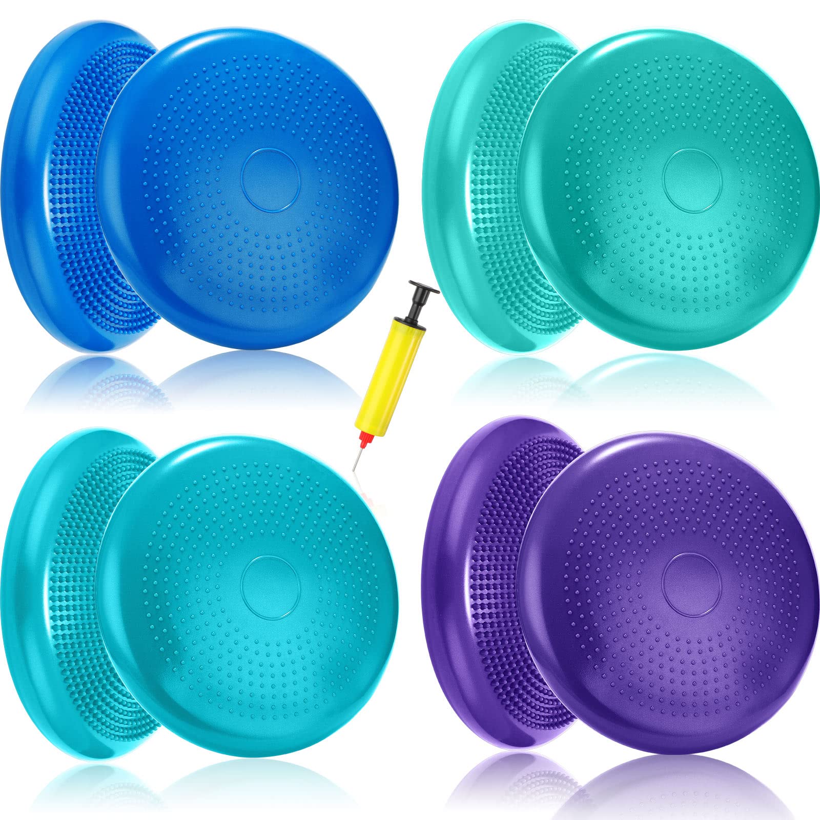Sotiff 4 Pcs Inflated Wobble Cushion Wiggle Seat for Sensory Kids Flexible Seat for Classroom Wobble Disc with Inflation Pump Stability Balance Board for Adult Physical Therapy Exercise