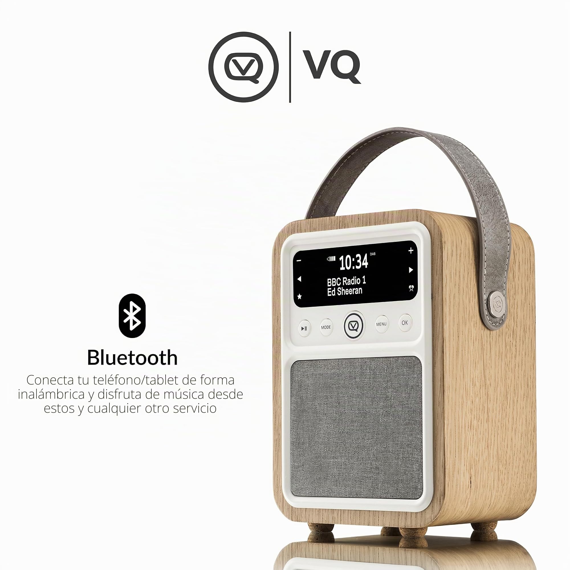 VQ Monty Radio Digital Dab+/Dab con Bluetooth, FM y Función de Radio-Despertador - Alimentada por Corriente y Batería Radio Portatil con Antena, Clavija para Auriculares y Puerto Usb - Roble