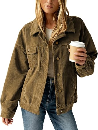 Womens Corduroy Shacket Oversized Jacket Vintage Button Down Shirt Jacket with Chest Pockets Fall Winter Layering