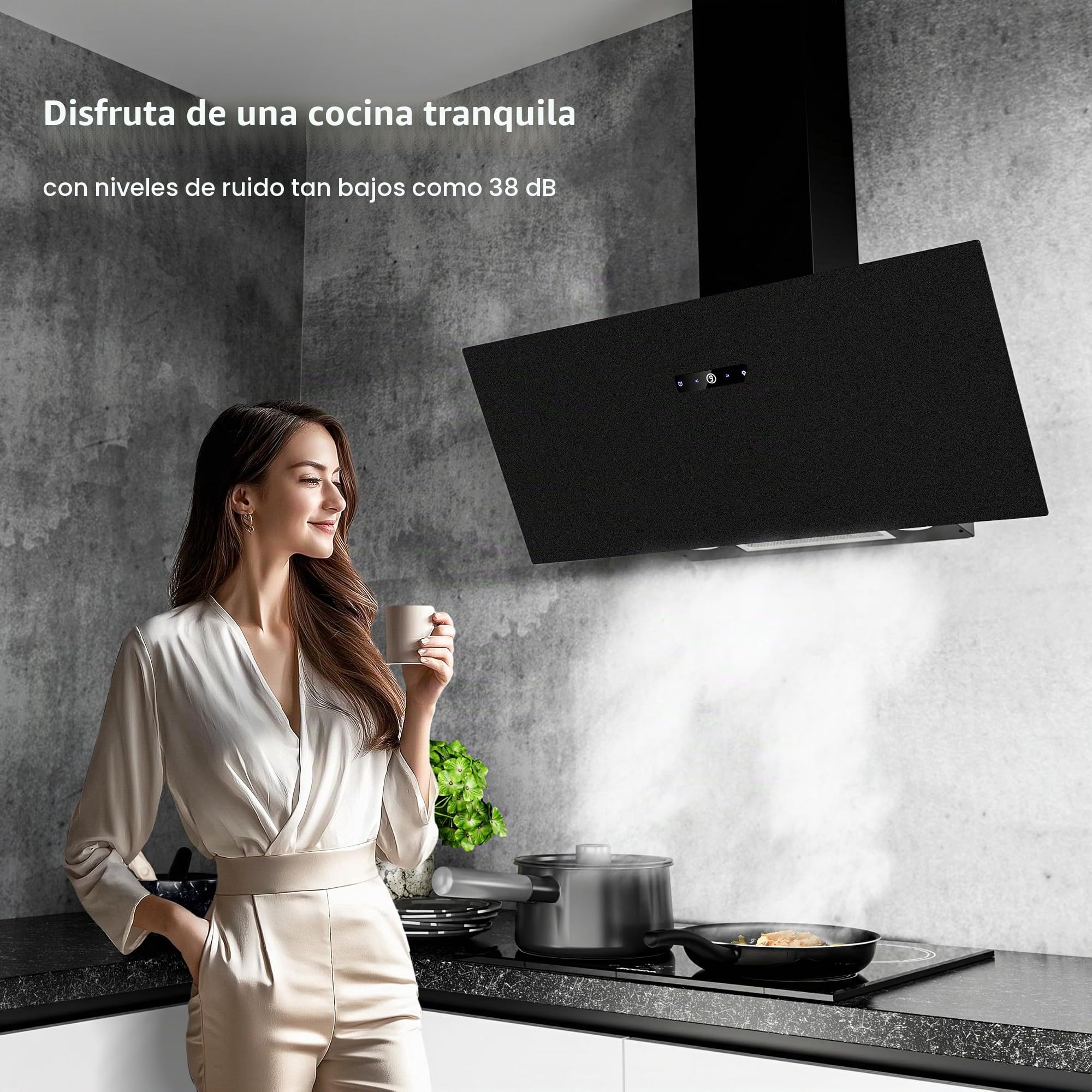 FIREGAS Campana extractora 90 cm, Extractor inclinado, Motor sin escobillas, 594m³/h, LEDs, Recirculante y Extracción, Filtro de carbón incluido - Ideal para cocinas familiares