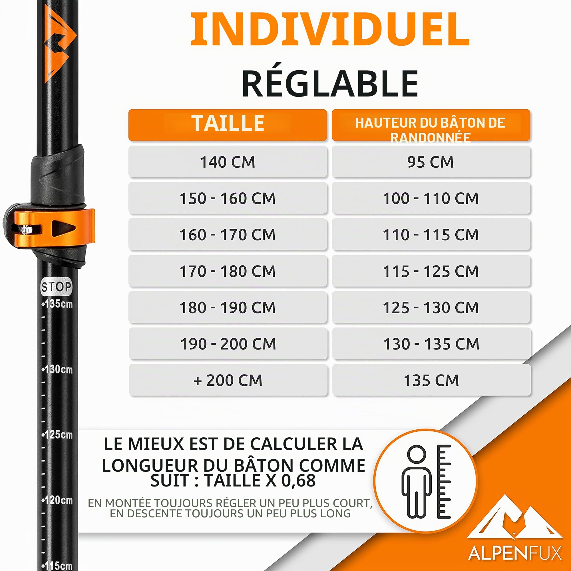 ALPENFUX® Bâtons de randonnée télescopiques de qualité supérieure - Bâtons de marche nordique - Léger et réglable - Avec poignée en liège - Pour homme et femme